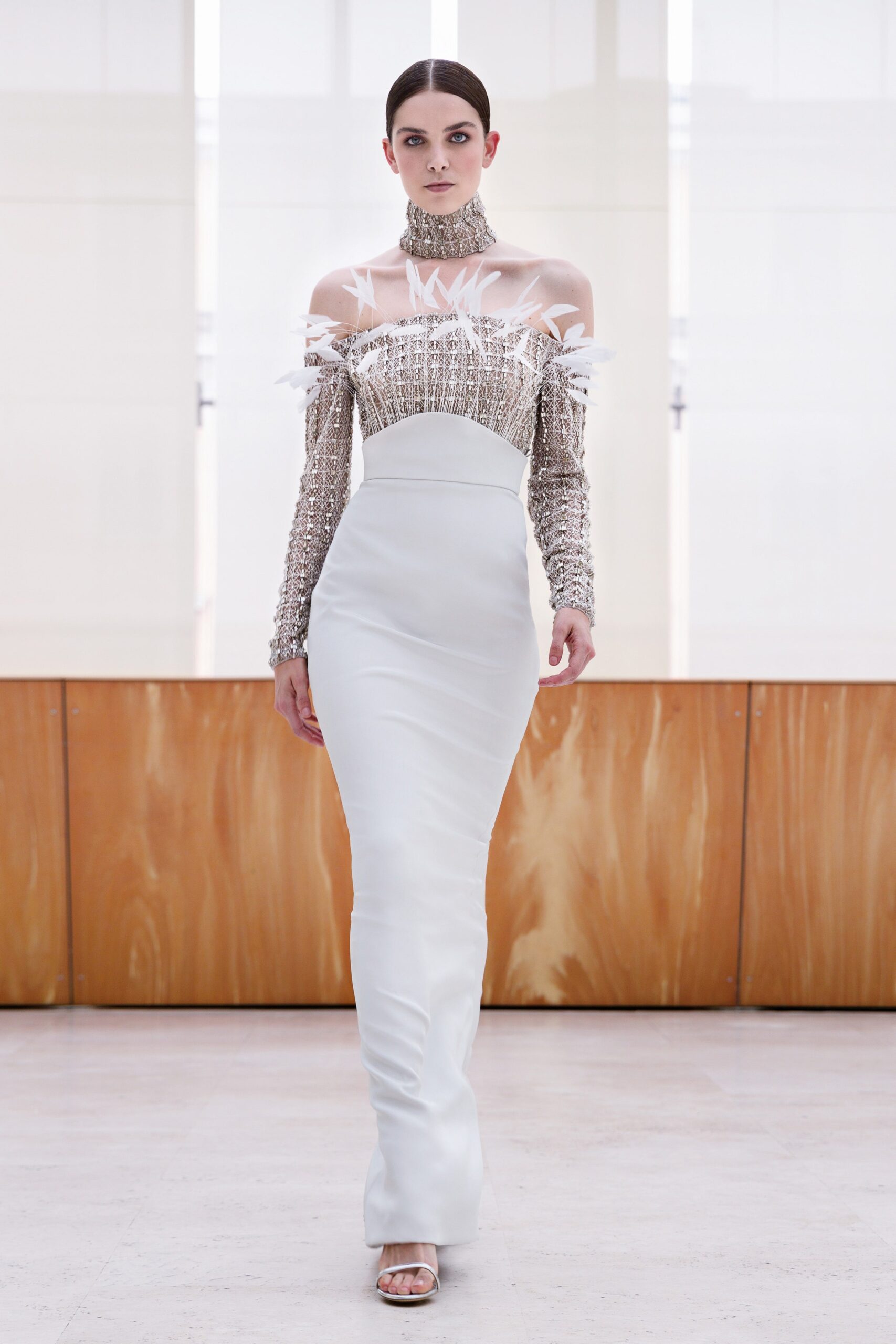 white silk off-shoulder gown