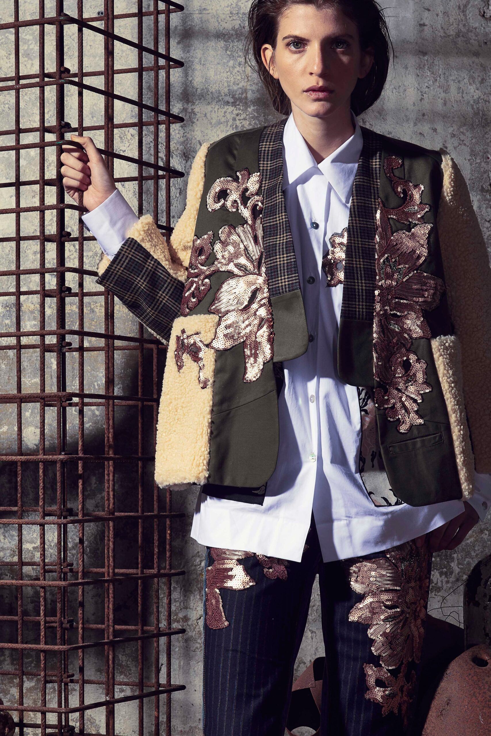 beige wool long-sleeve collared relaxed embroidered jacket