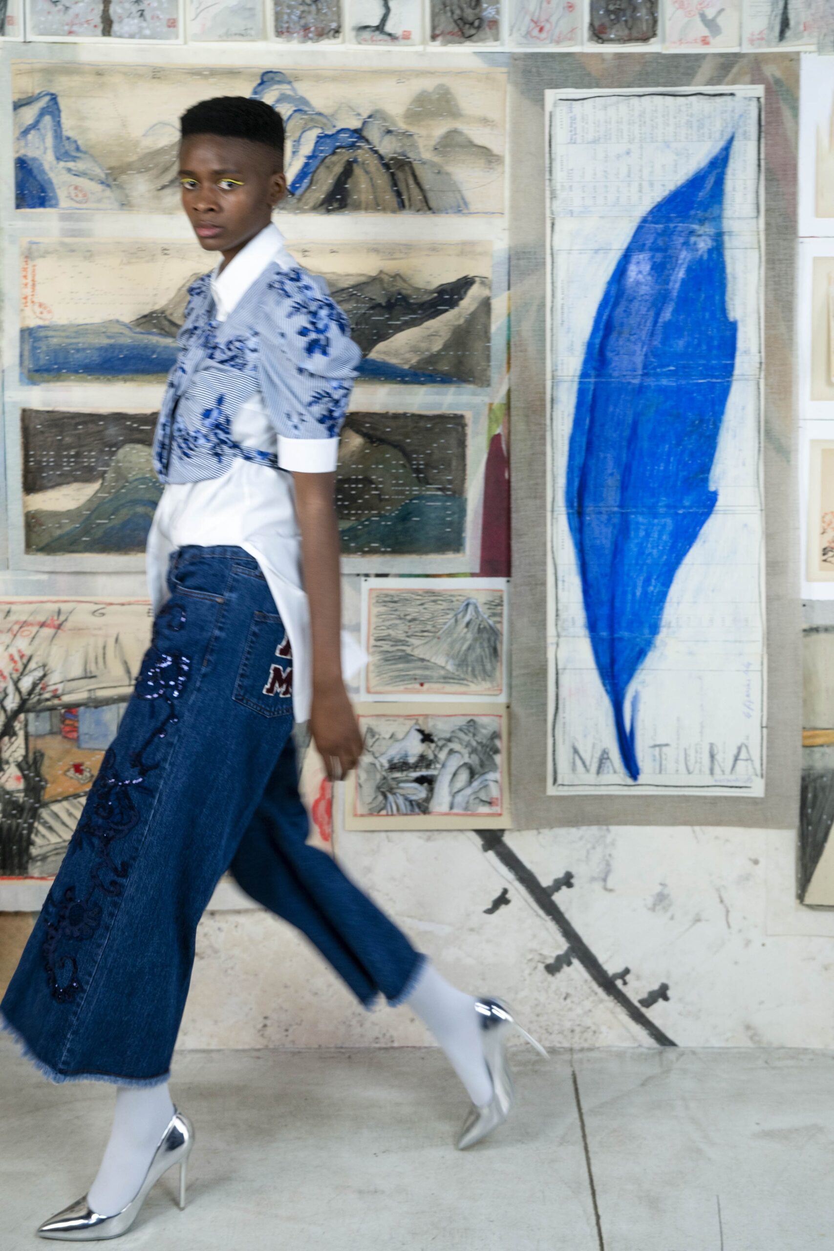 blue embroidered shirt with wide-leg pants