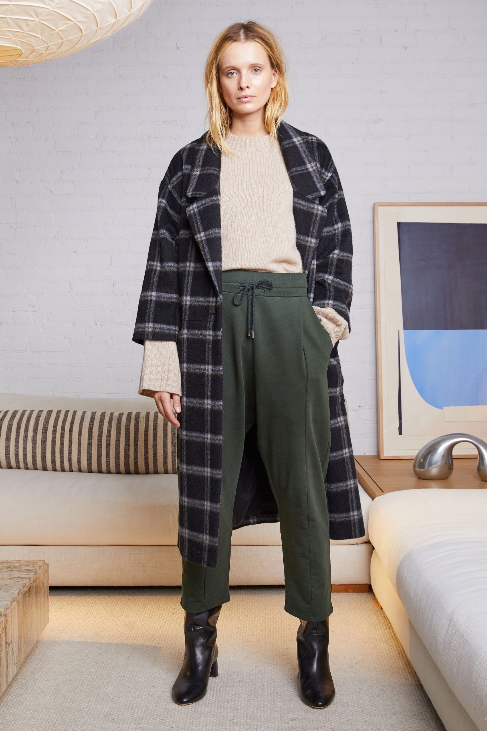 relaxed plaid coat with sweater and pants