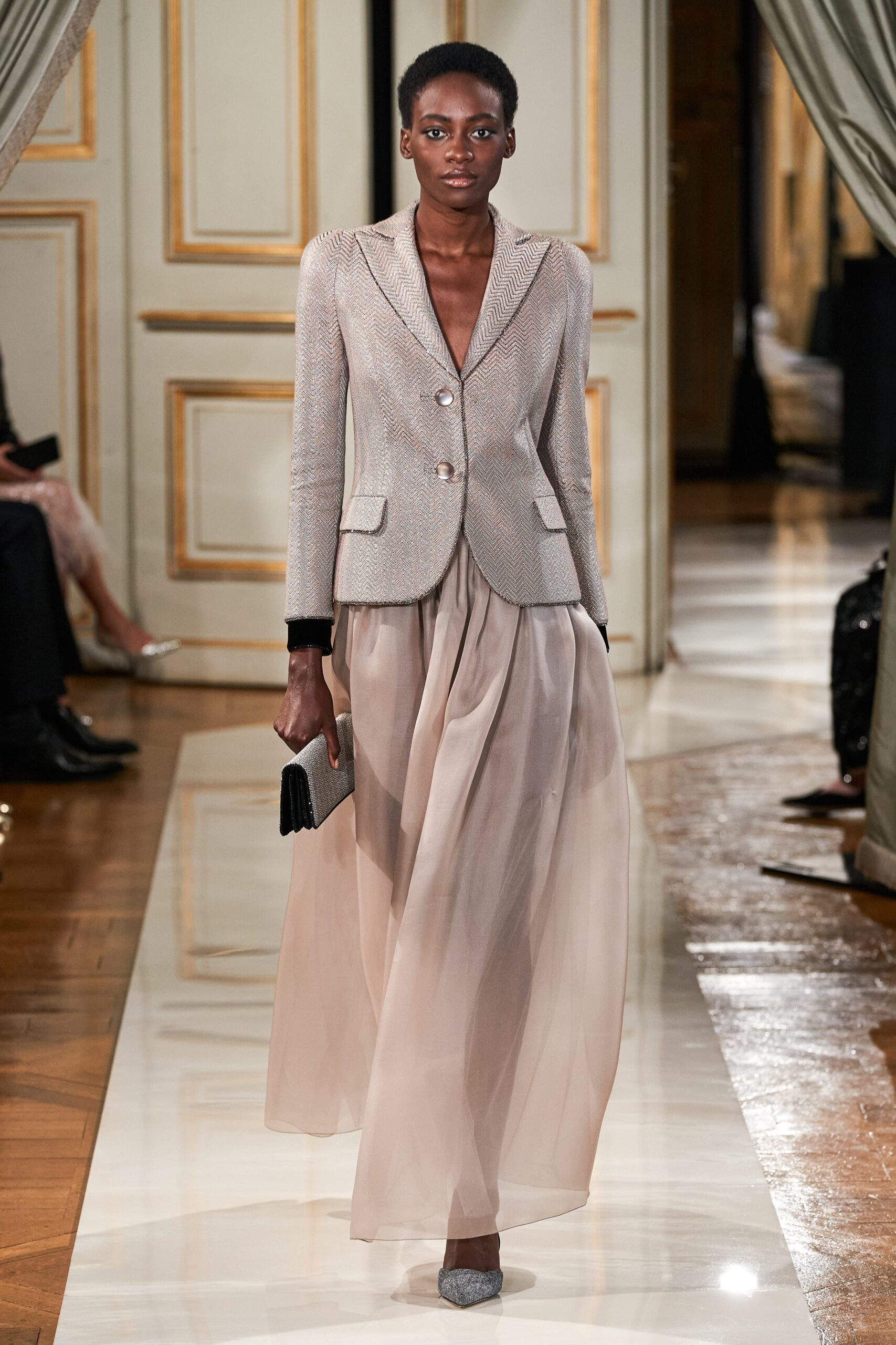 gray tweed blazer with beige skirt