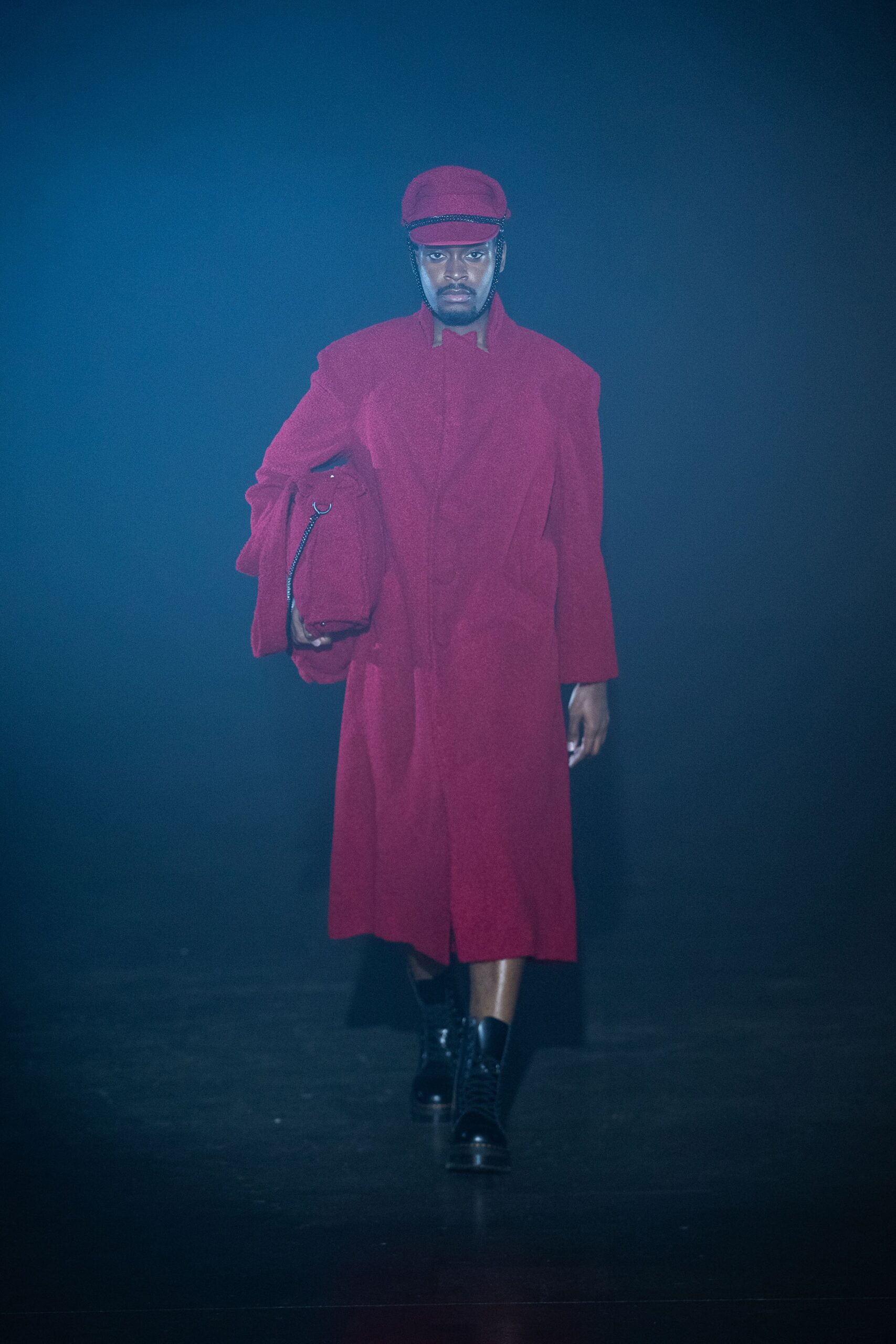 red wool long-sleeve collared relaxed buttoned coat