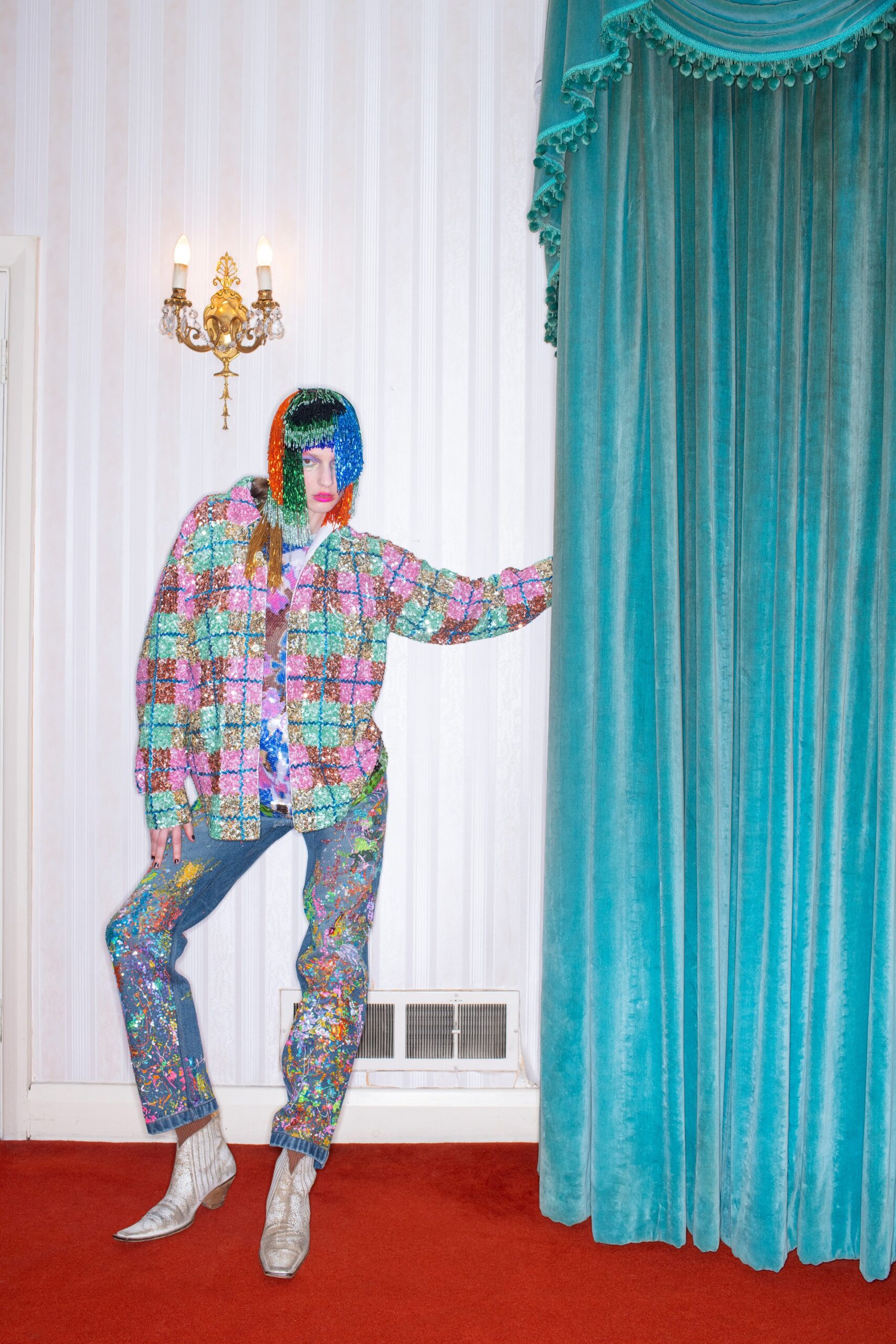 multi sequin long-sleeve collared relaxed buttoned shiny jacket