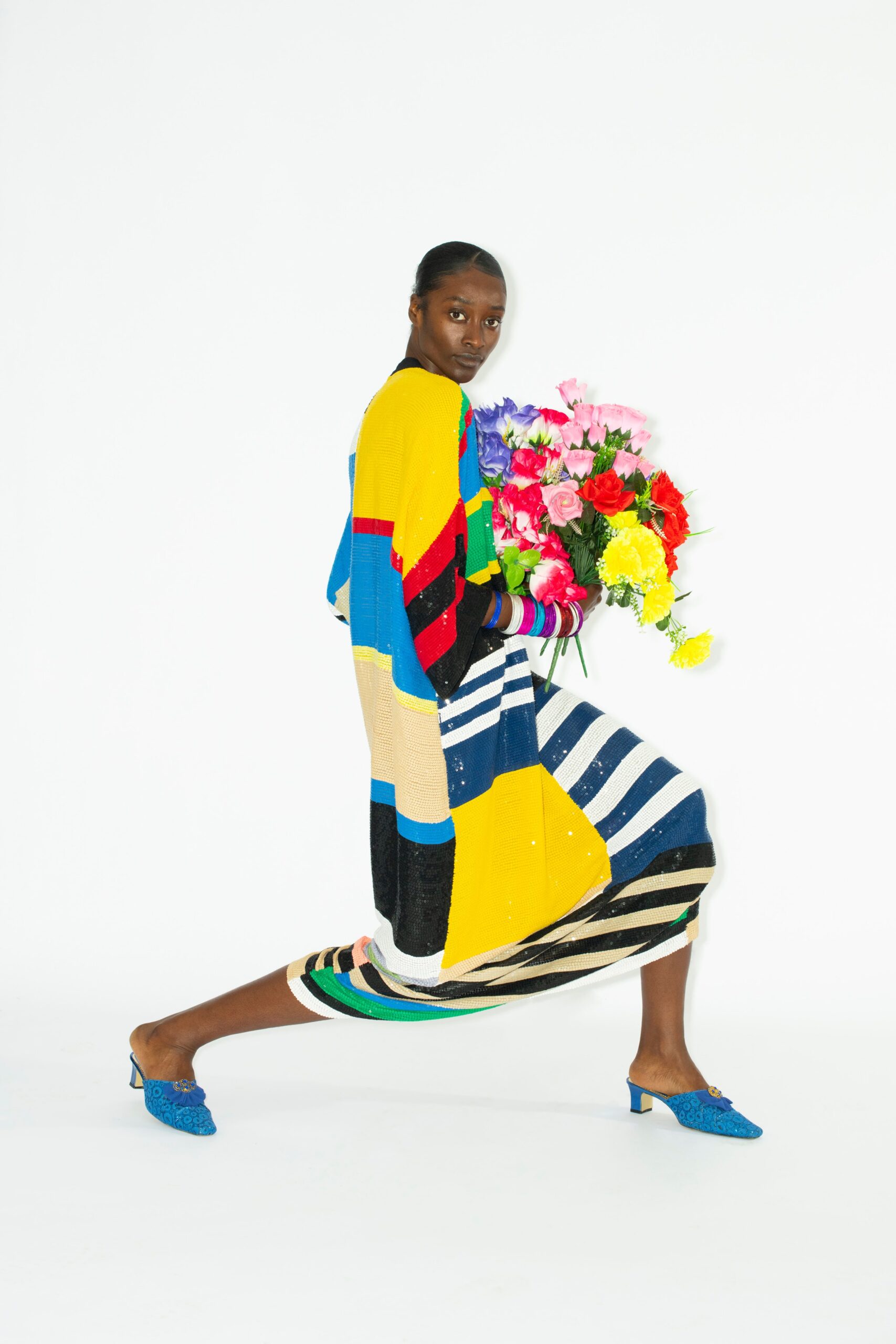 color-blocked midi dress with blue shoes