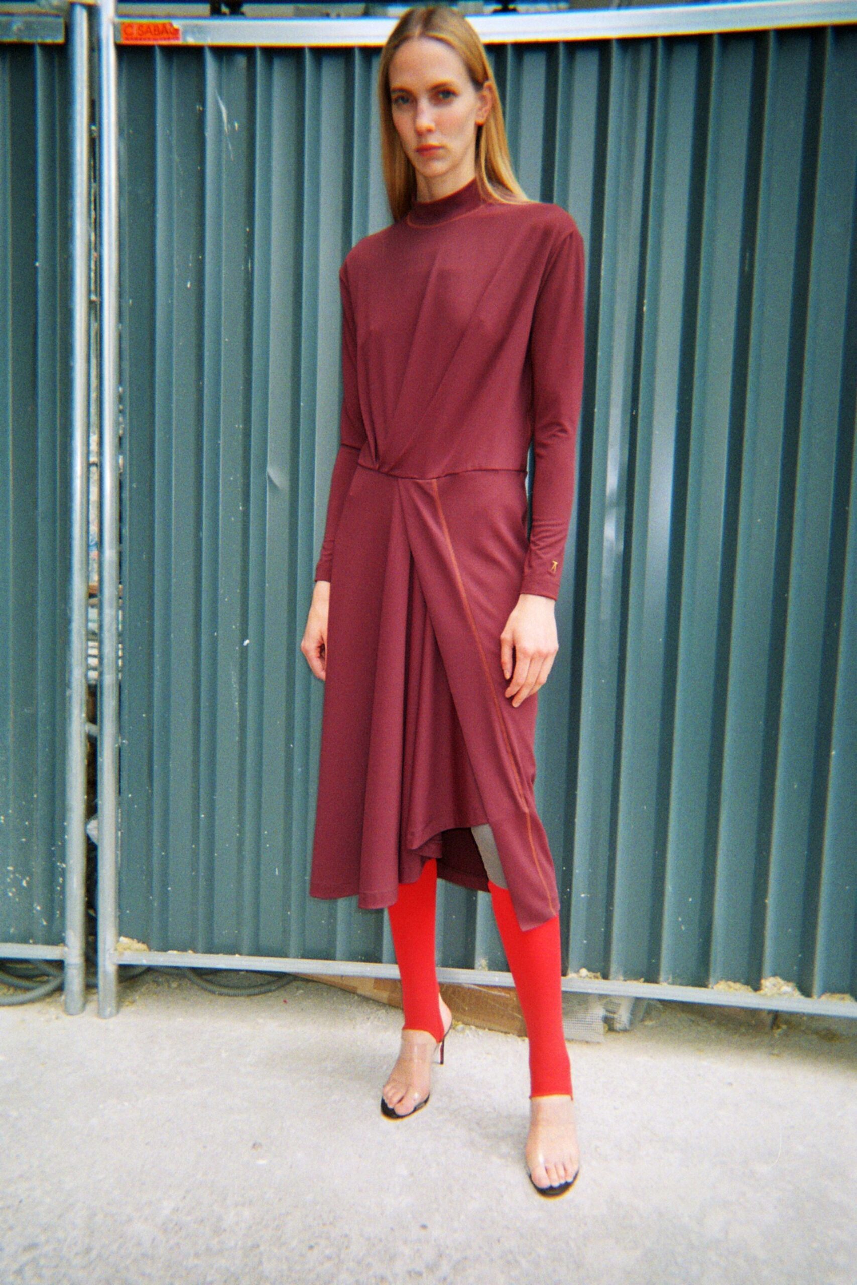 red cotton long-sleeve v-neck fitted draped midi dress