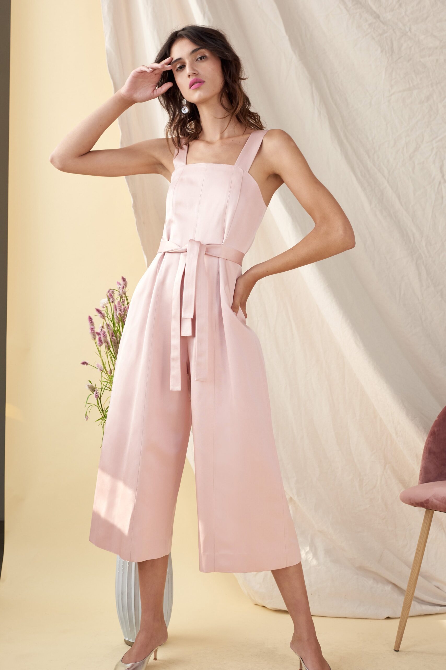 pink silk belted jumpsuit
