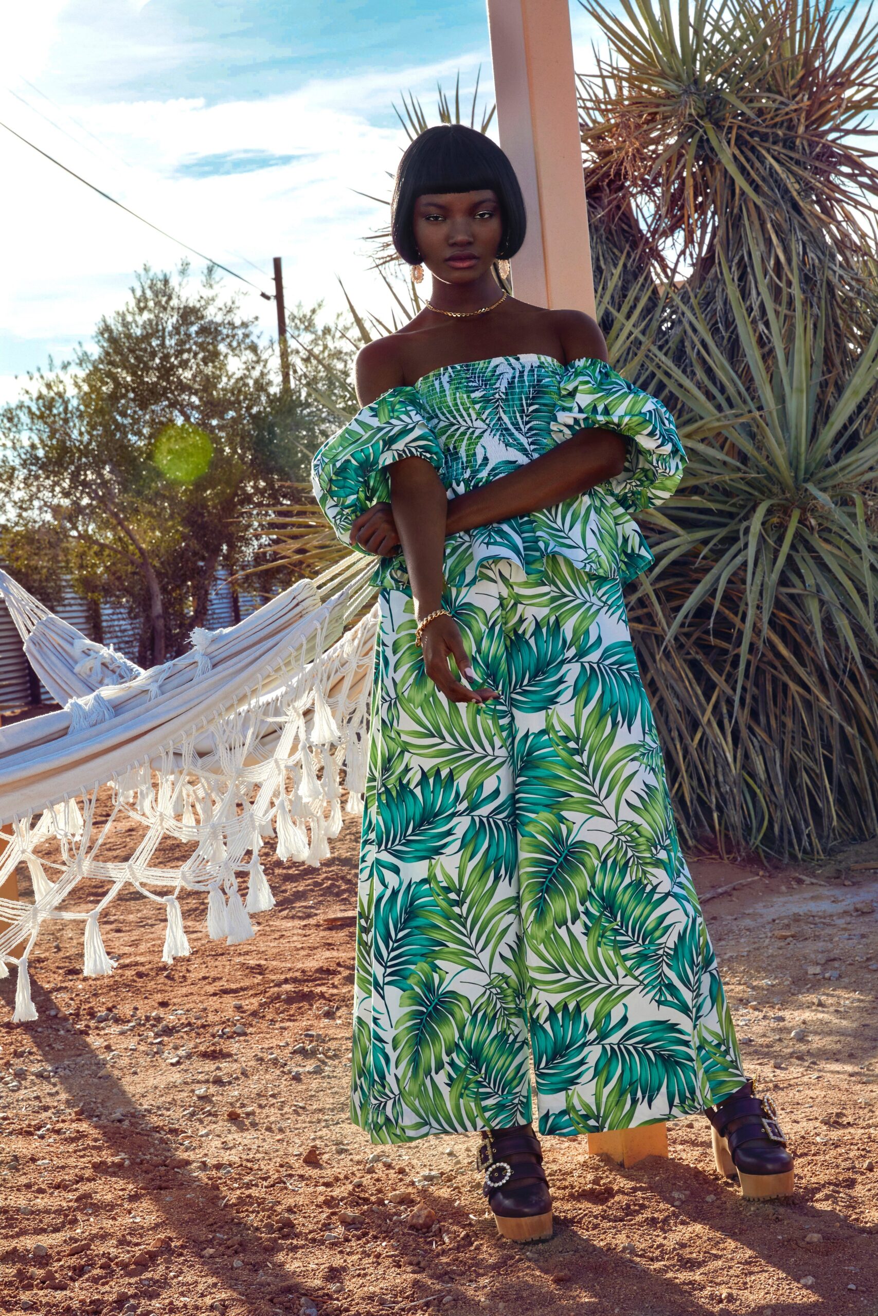 green and white printed maxi dress
