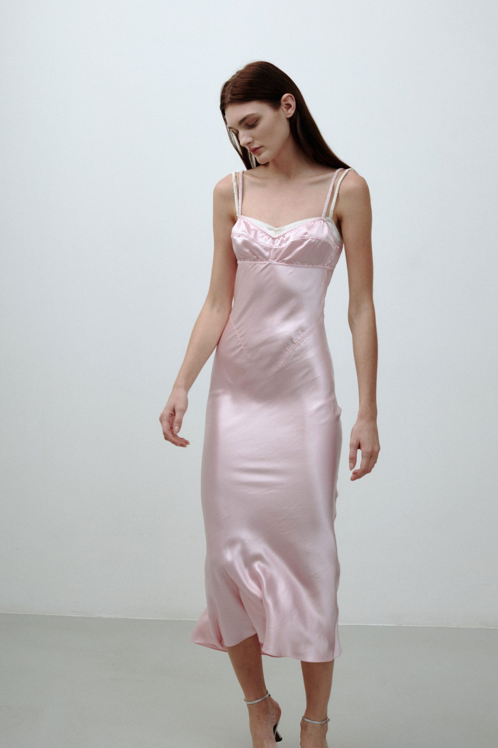 fitted pink silk midi dress