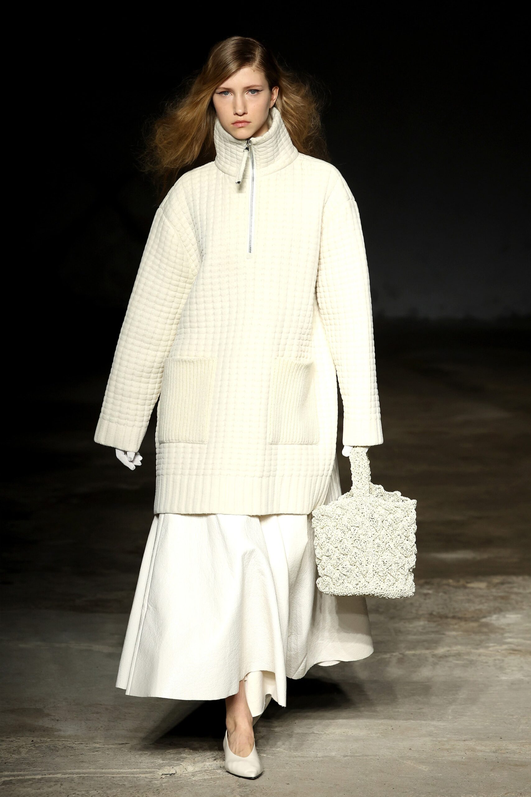 white oversized coat with midi skirt