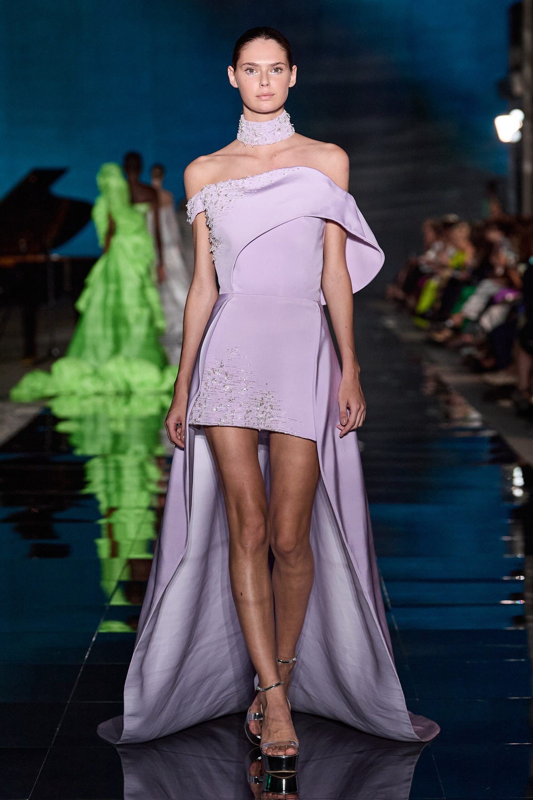 purple off-shoulder draped dress
