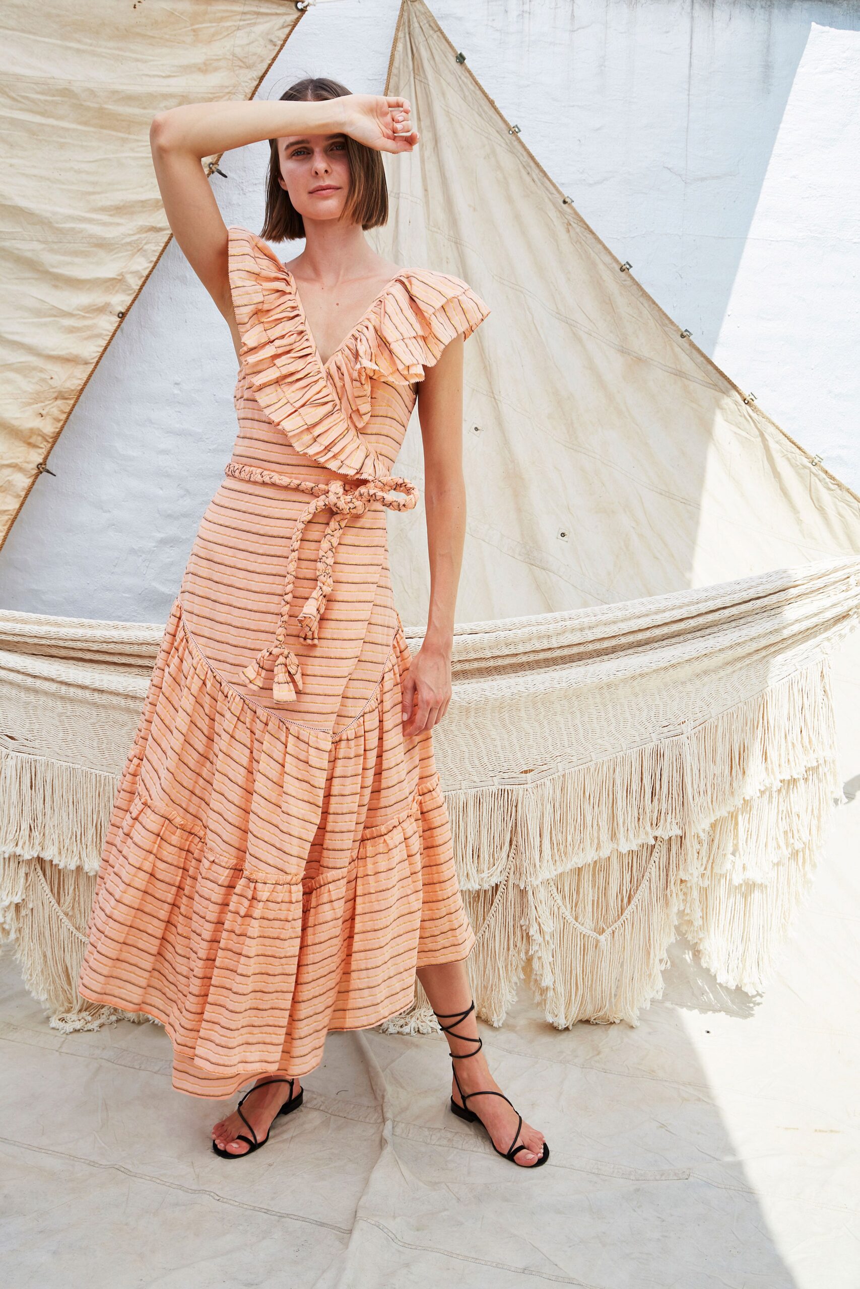 peach ruffled maxi dress