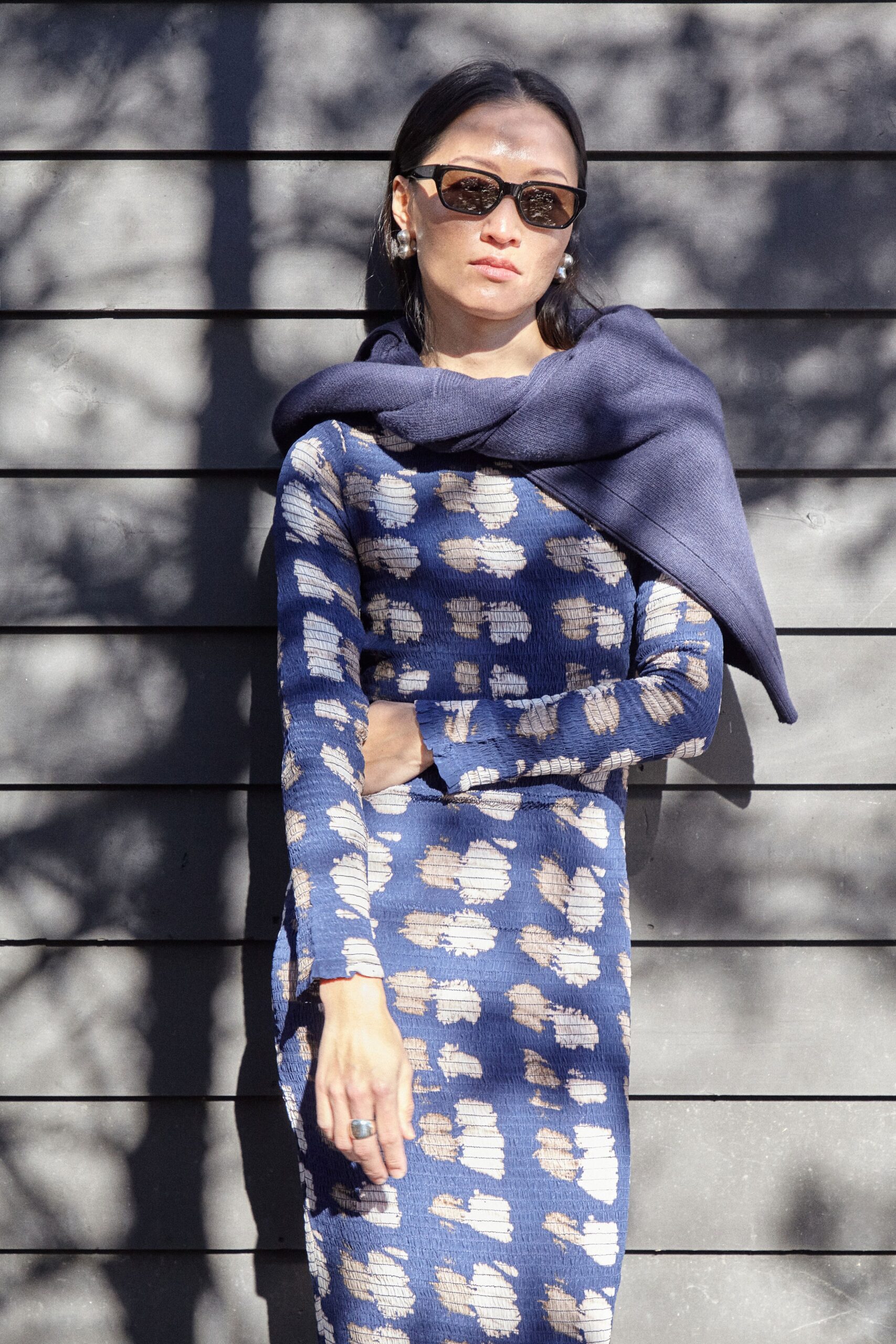 blue printed midi dress with cape