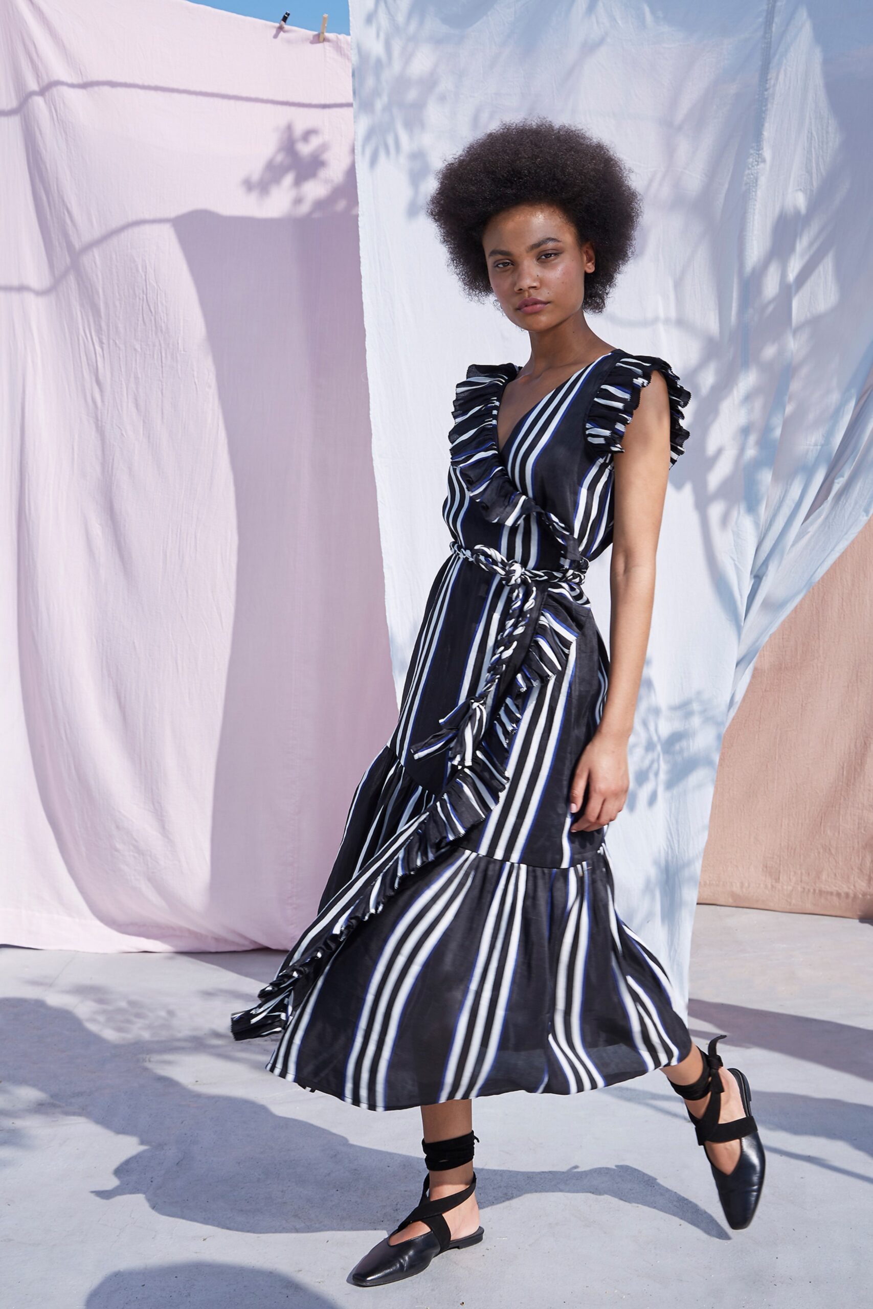 black and white striped ruffled dress