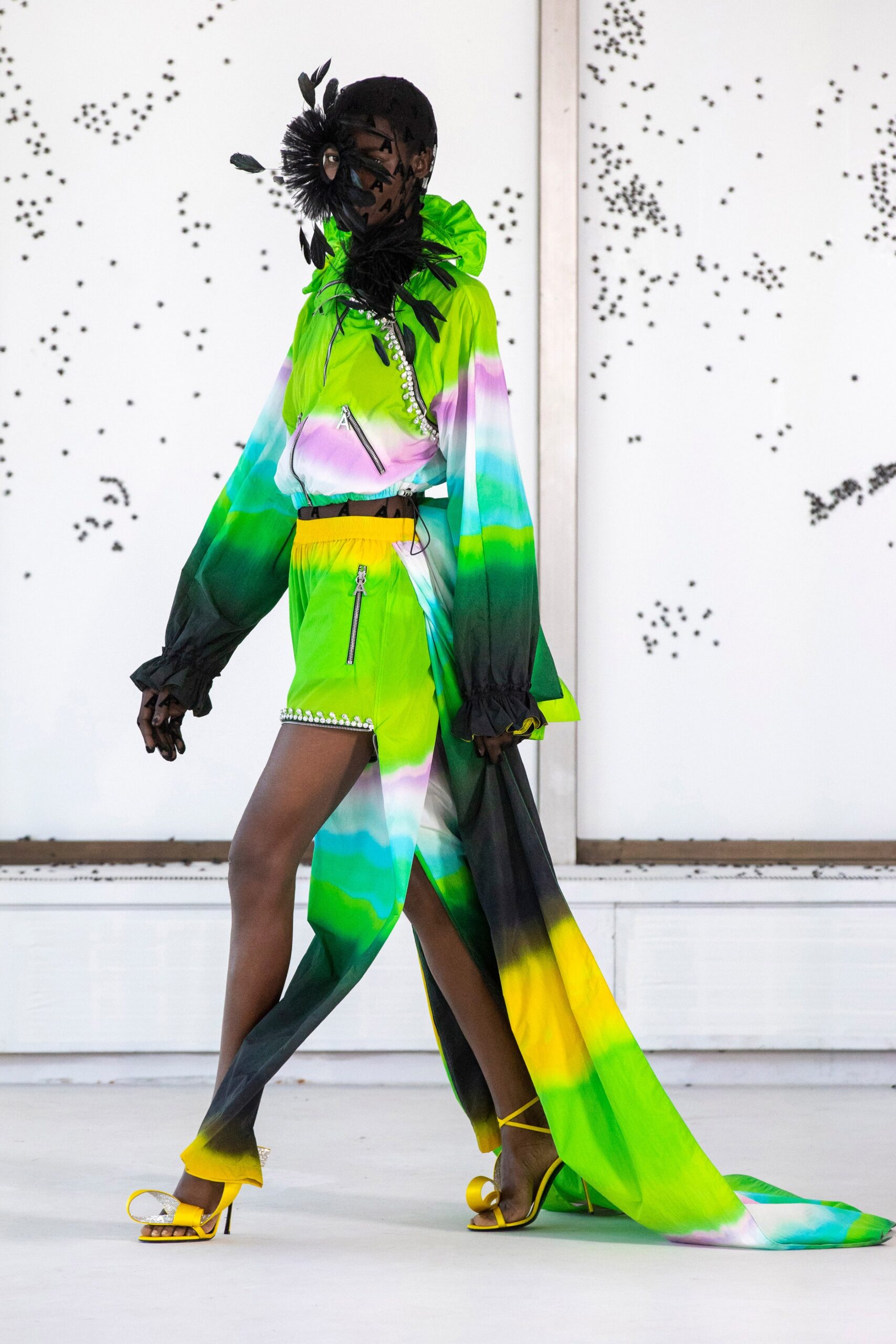 green silk long-sleeve hooded fitted draped zippered dress