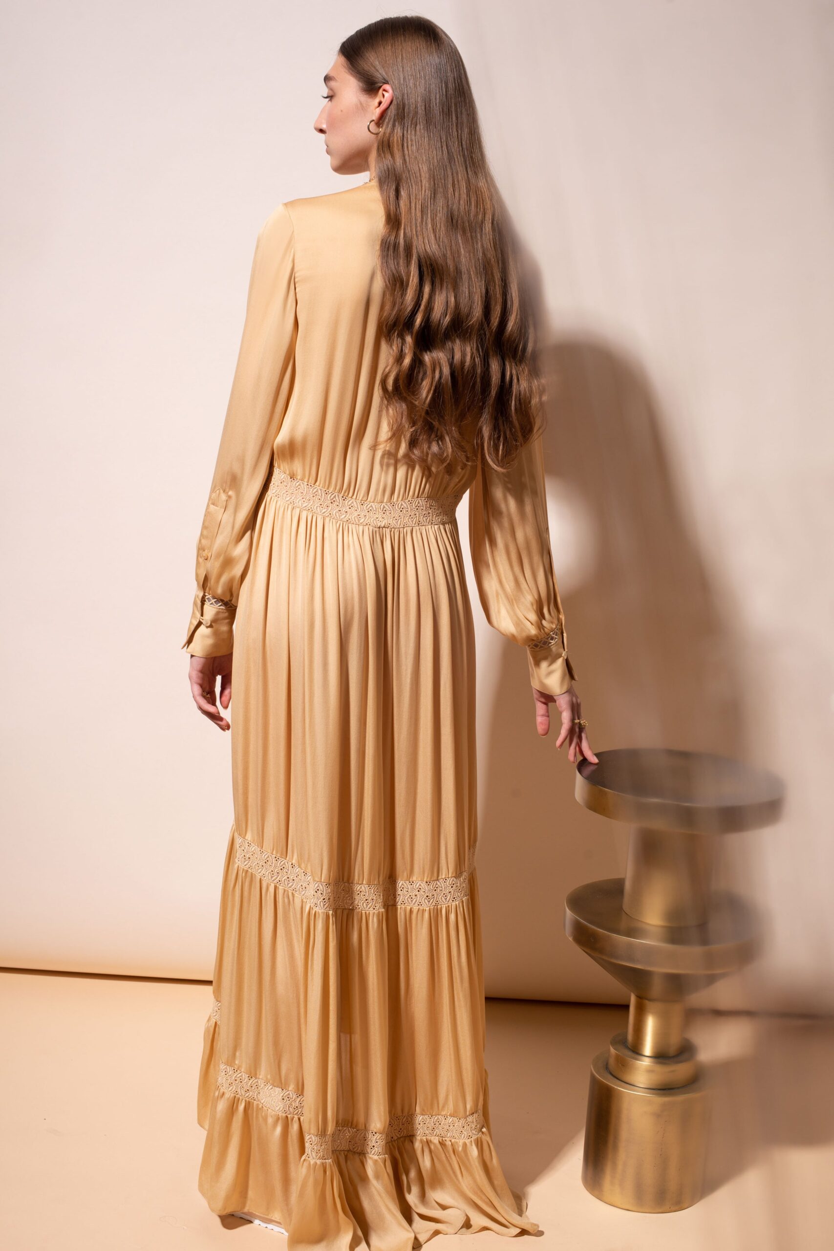 beige silk long-sleeve maxi dress