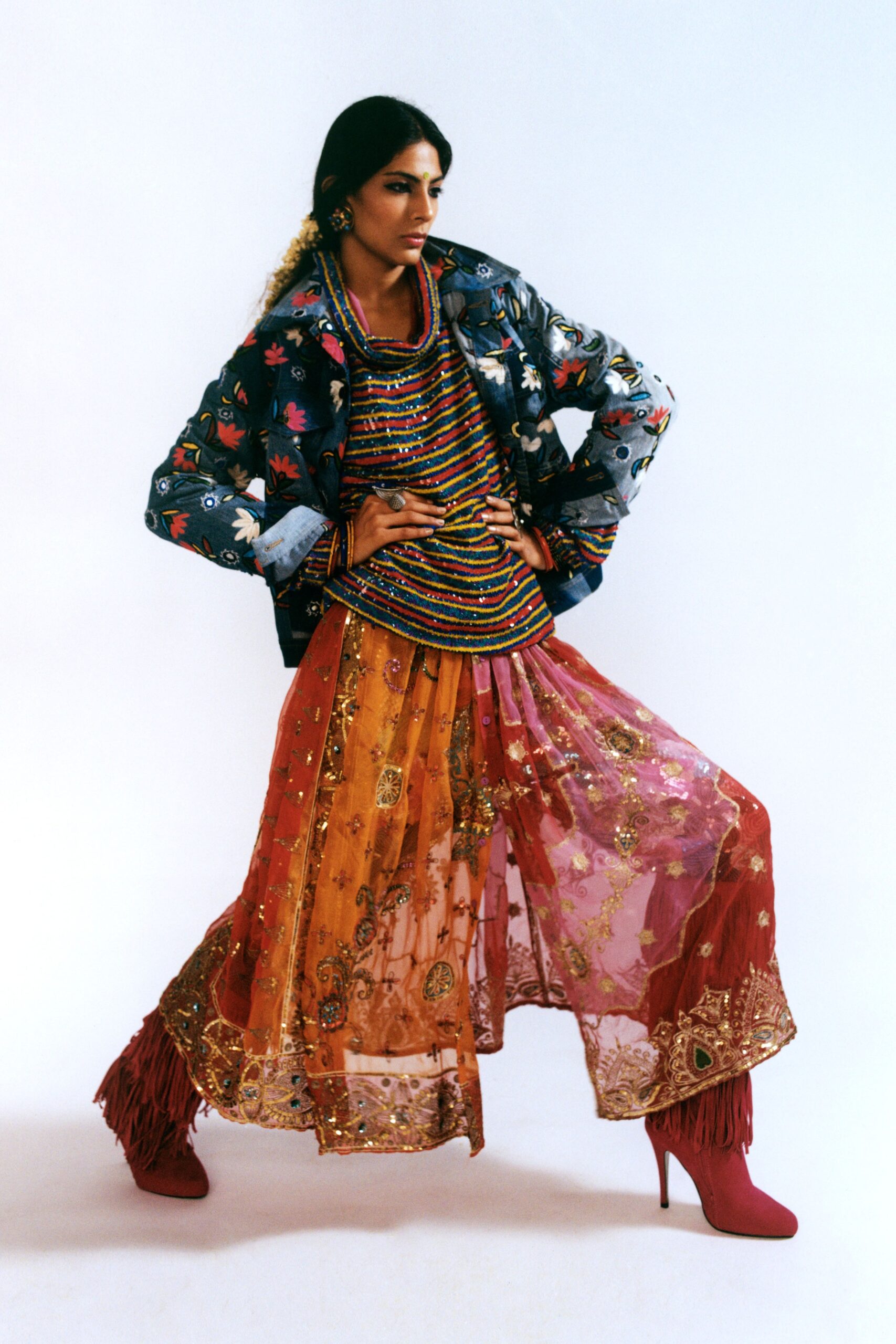 orange silk fitted layered embroidered skirt