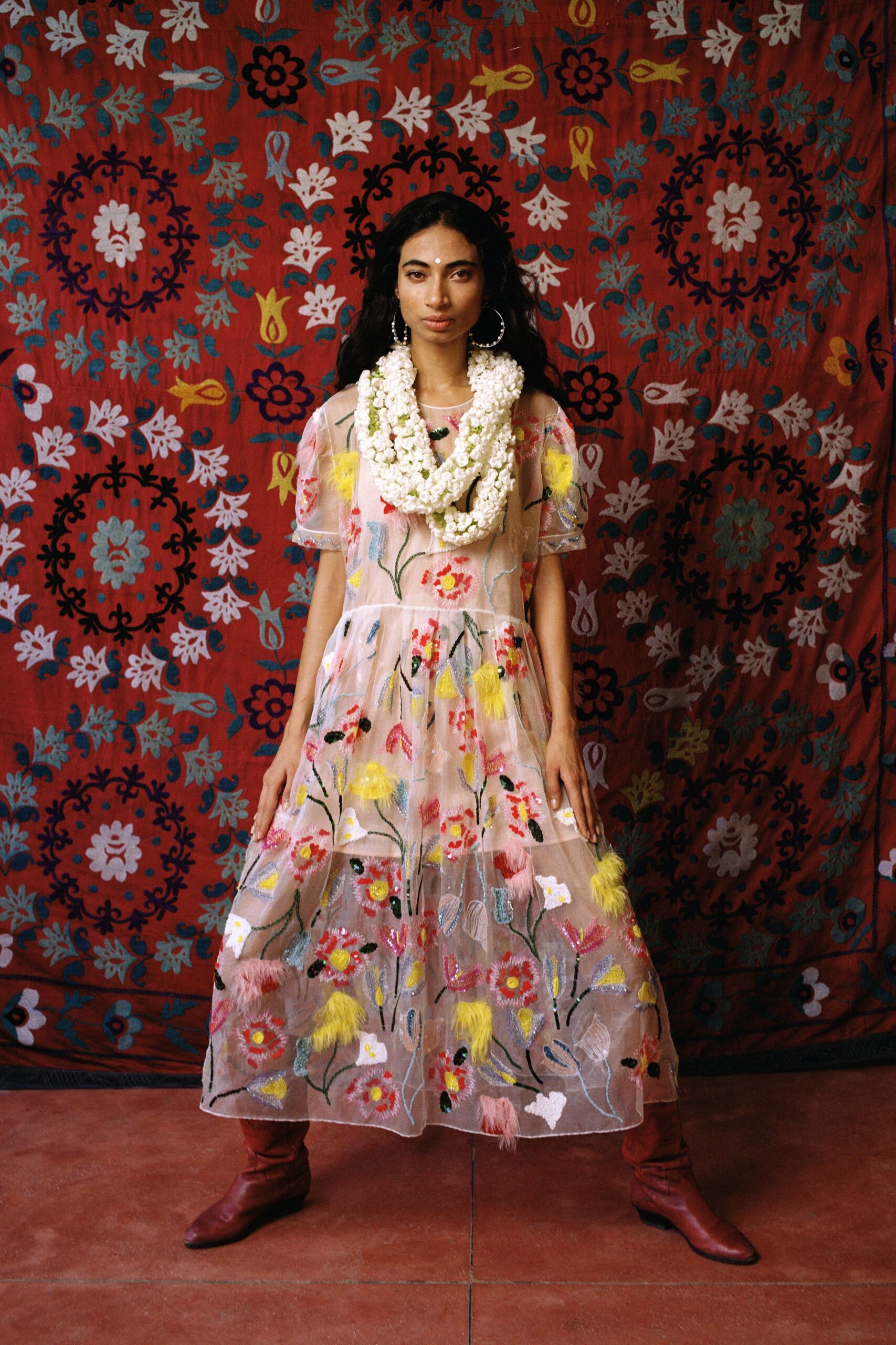 multi-colored embroidered midi dress