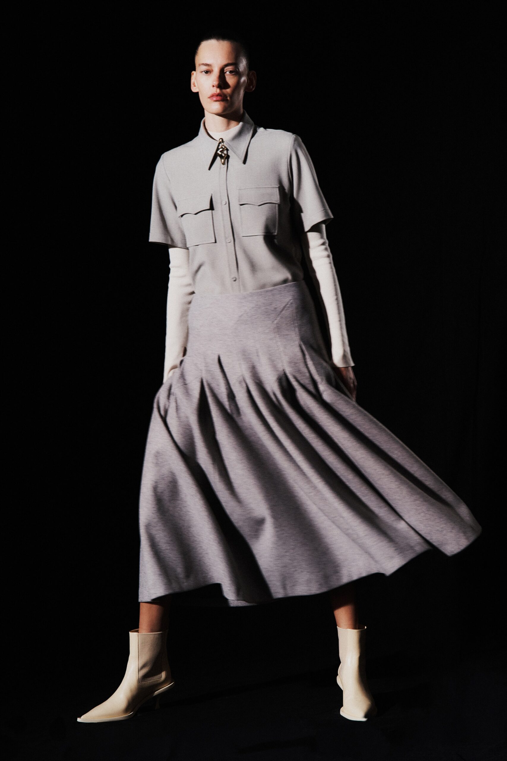 gray cotton collared midi dress