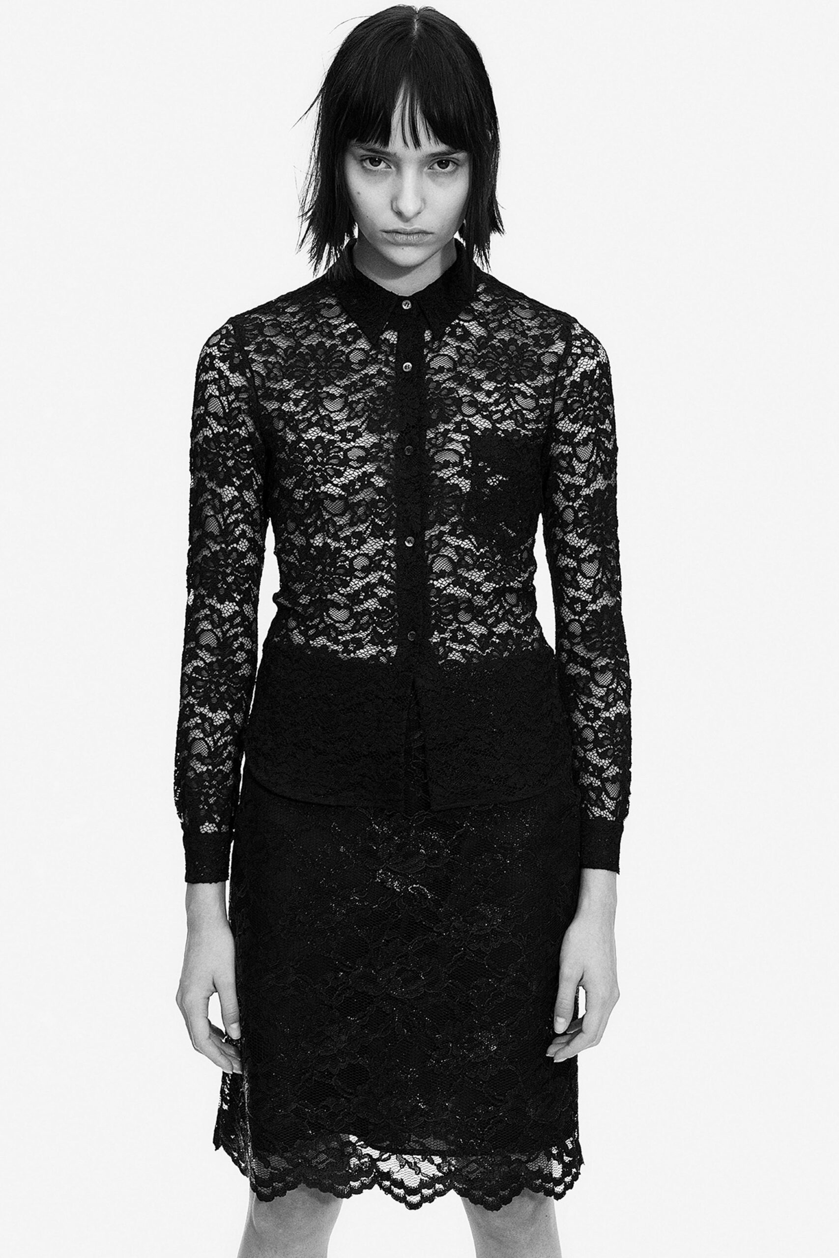 black lace long-sleeve collared fitted buttoned sheer blouse
