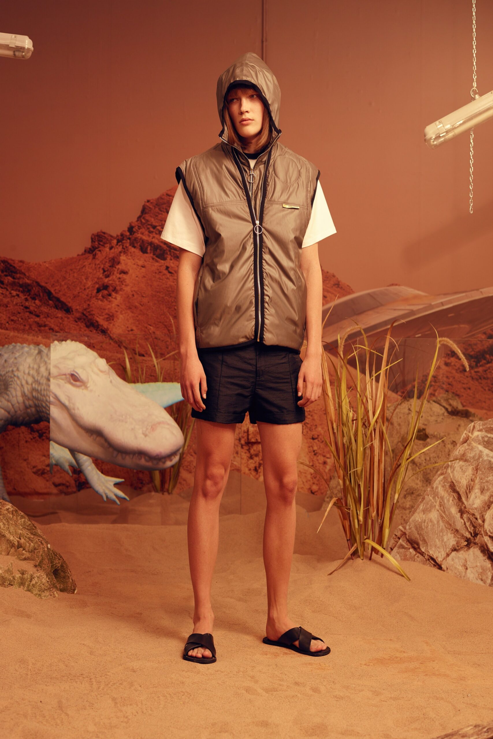 gray vinyl hooded relaxed zippered vest