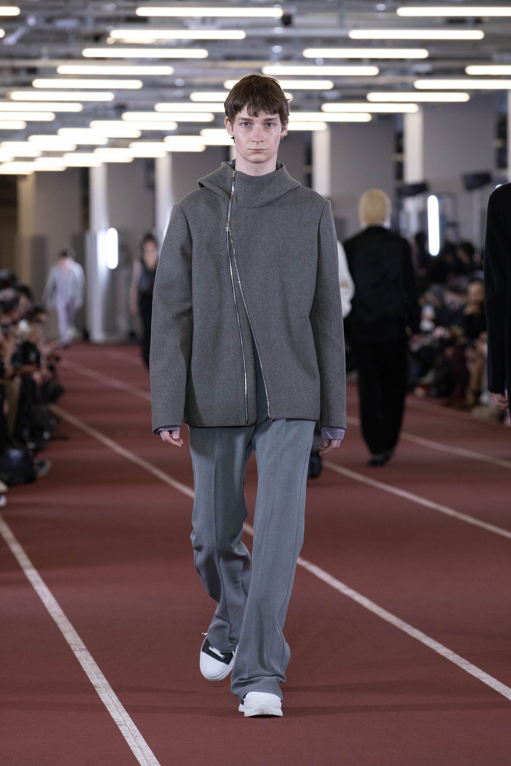 gray wool jacket with blue pants
