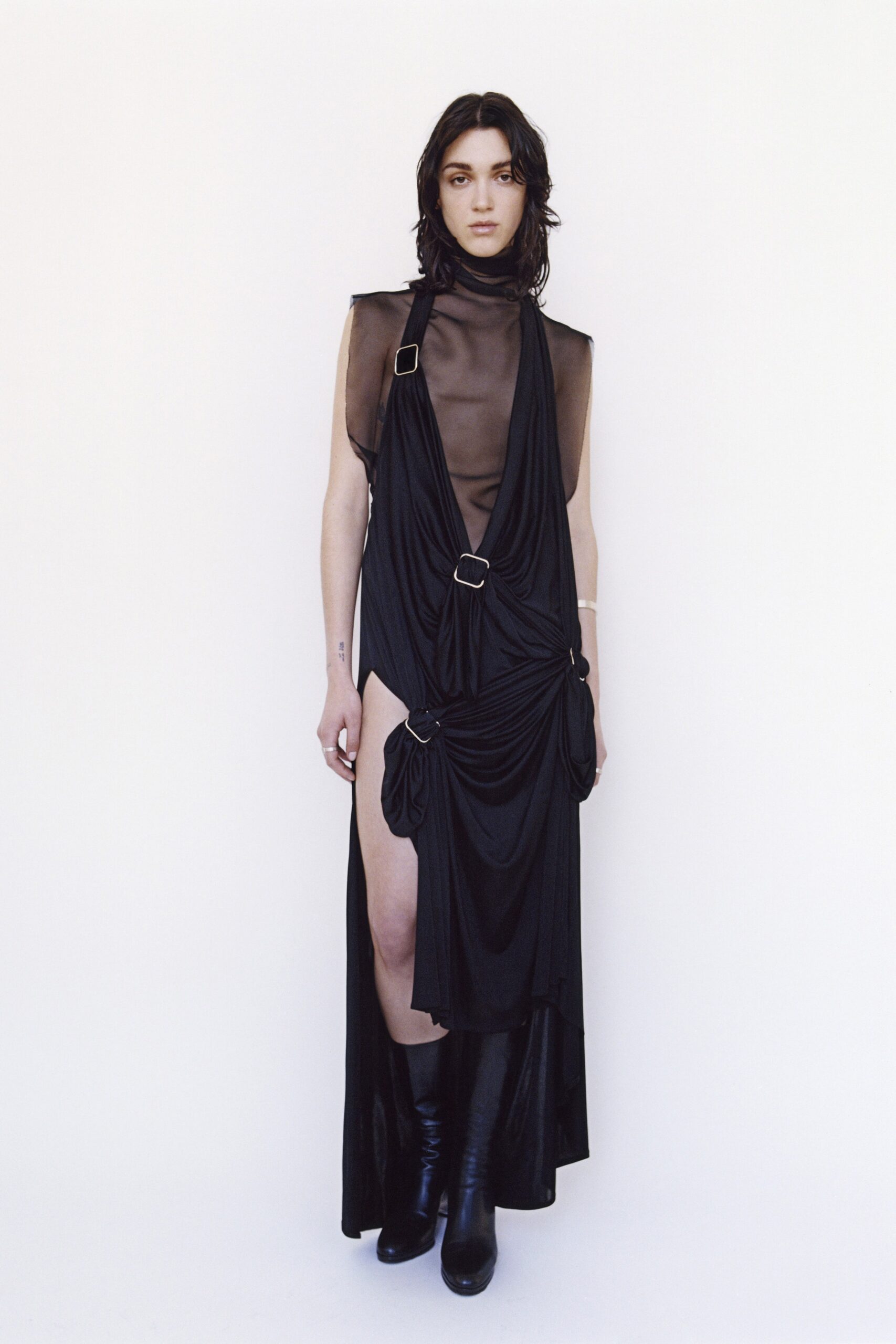 black draped sleeveless maxi dress