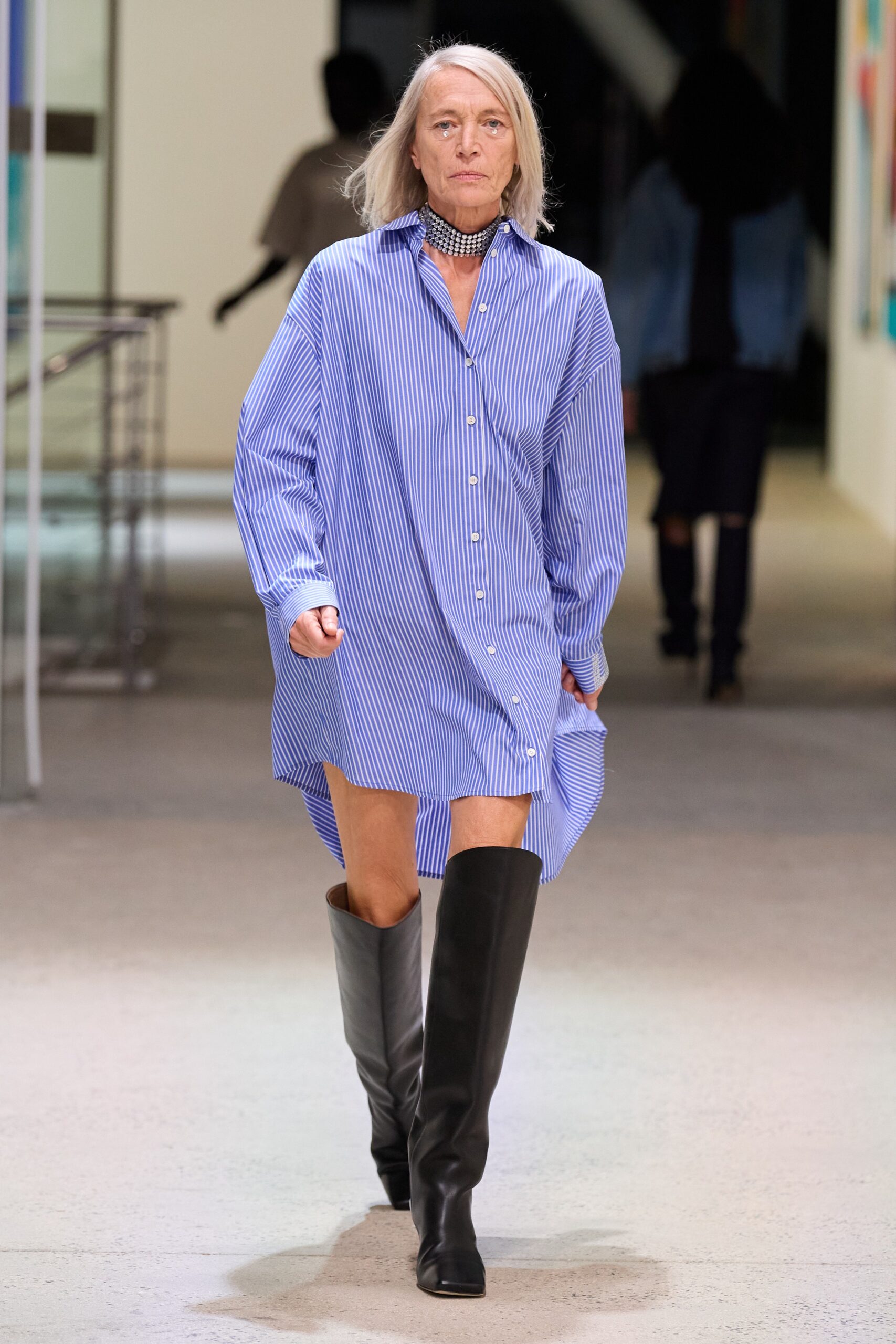 blue and white striped shirt-dress with black boots