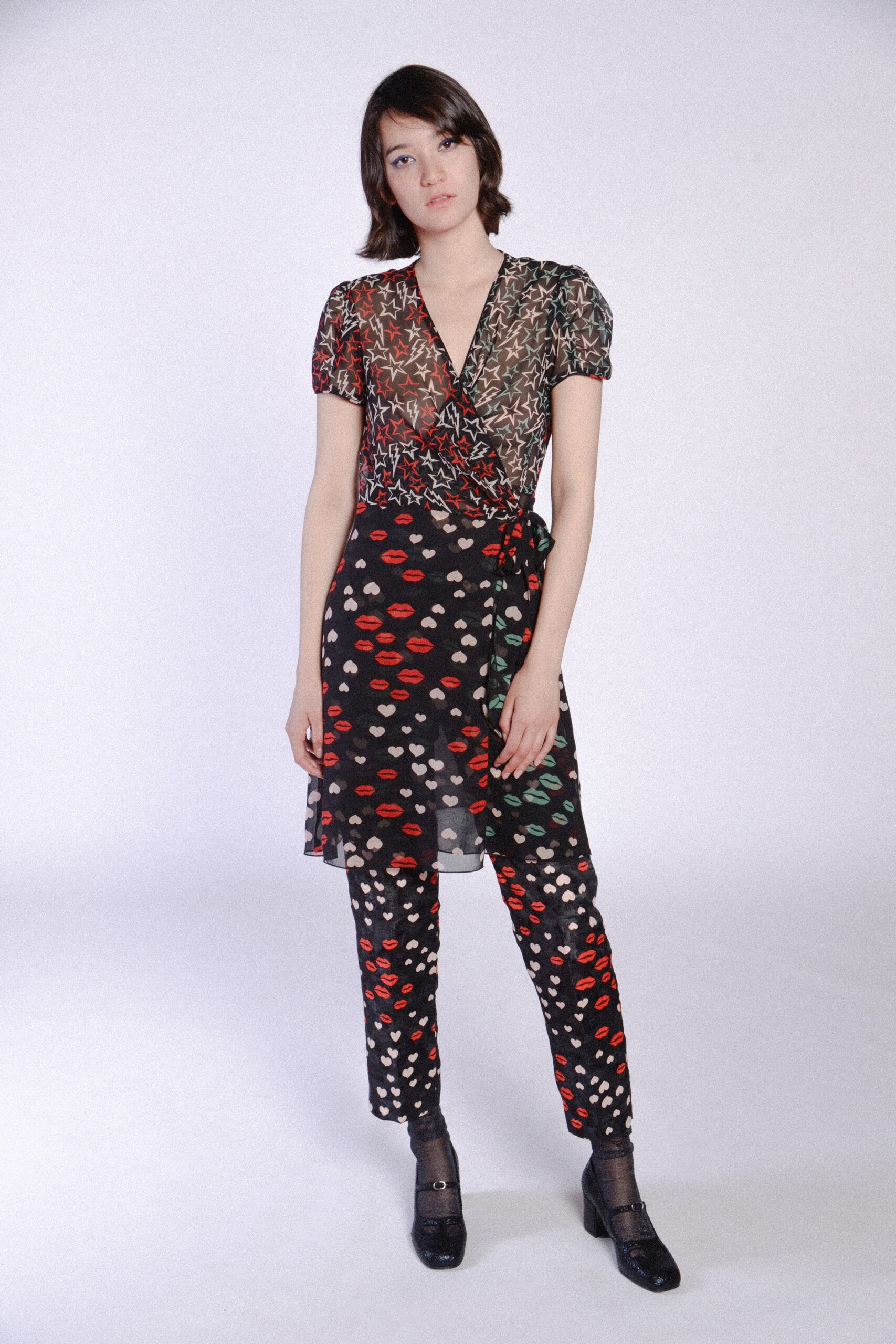 sheer floral top with printed pants