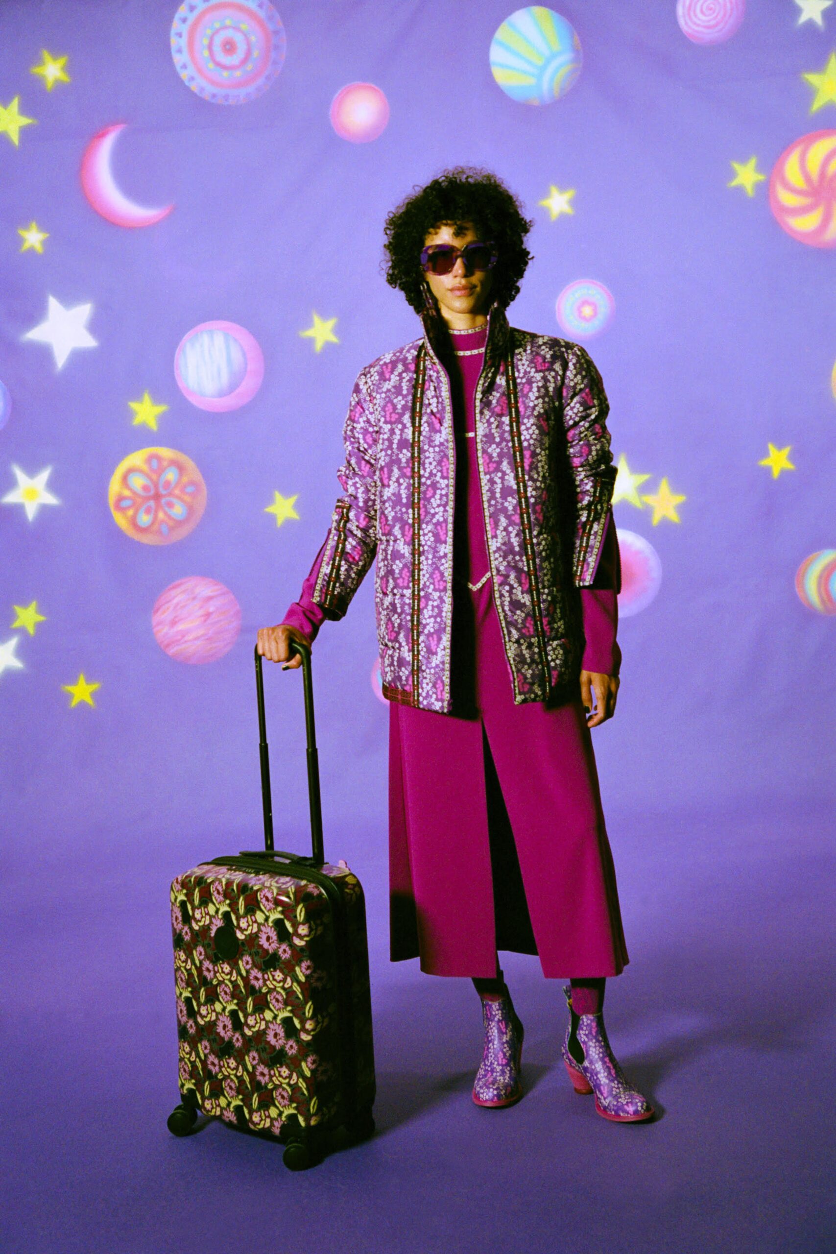 purple floral jacket with pink dress