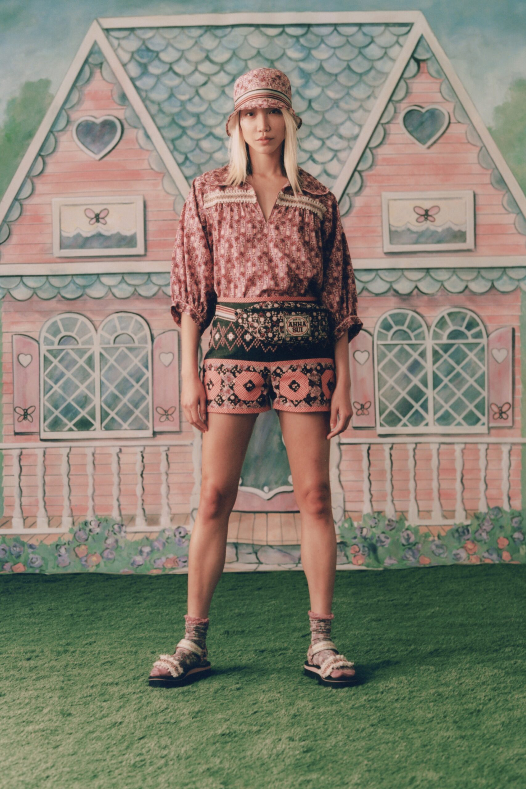 pink printed blouse and shorts