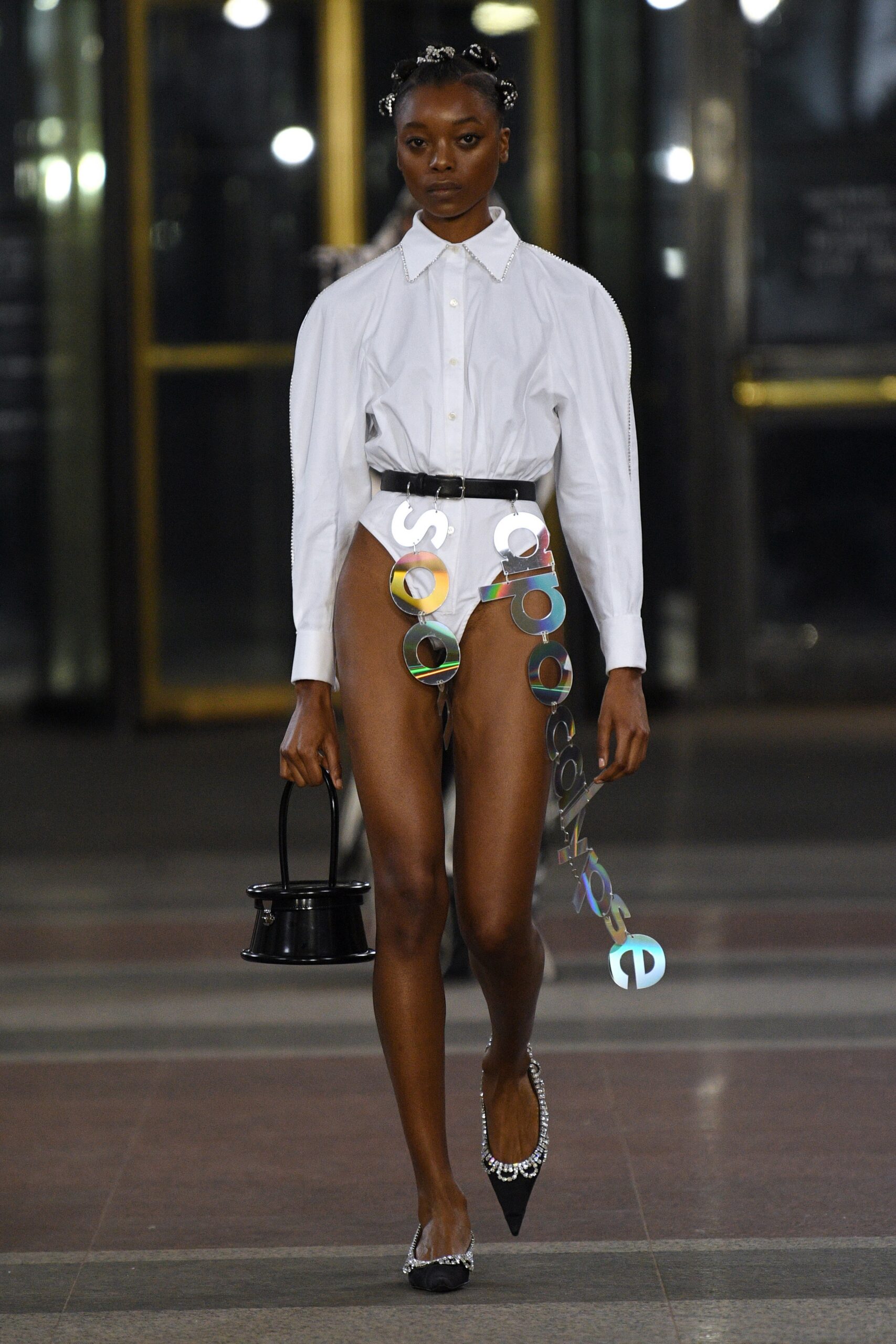 white fitted shirt with black pants