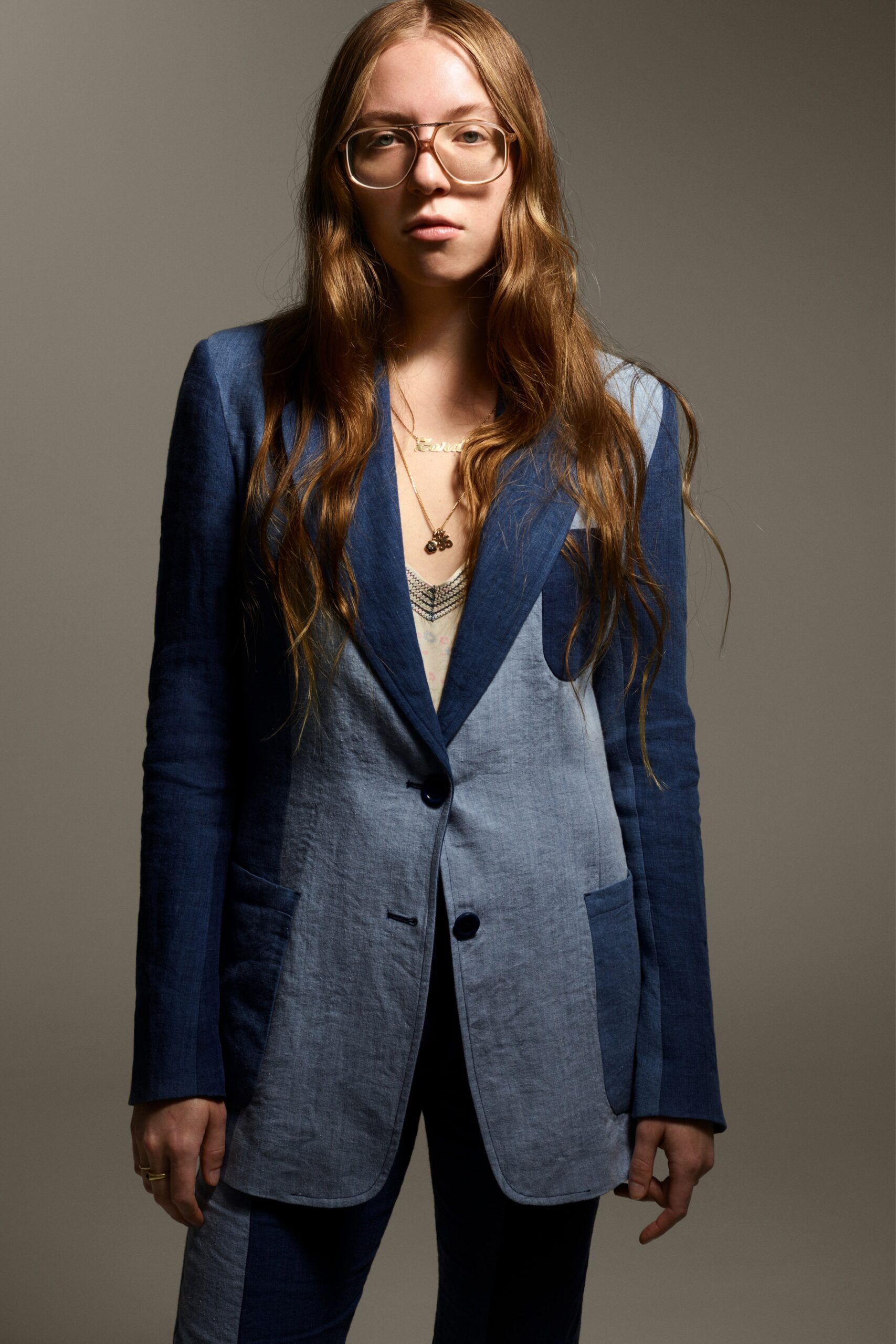 blue tailored blazer and pants