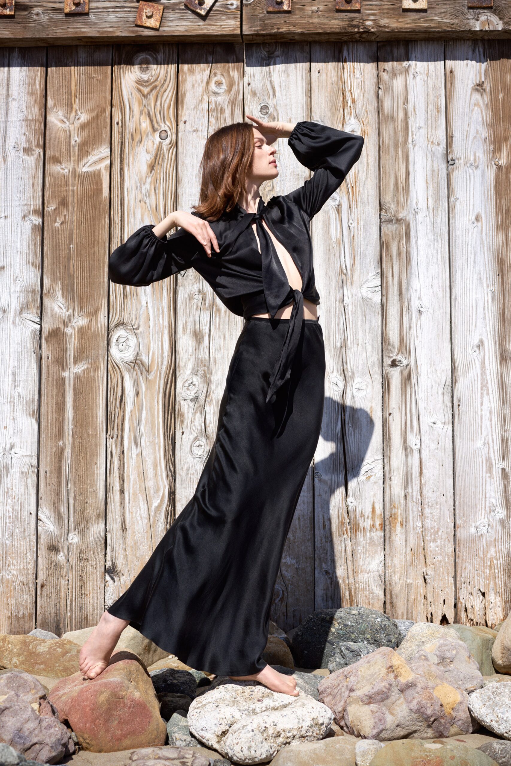 black silk fitted top and maxi skirt