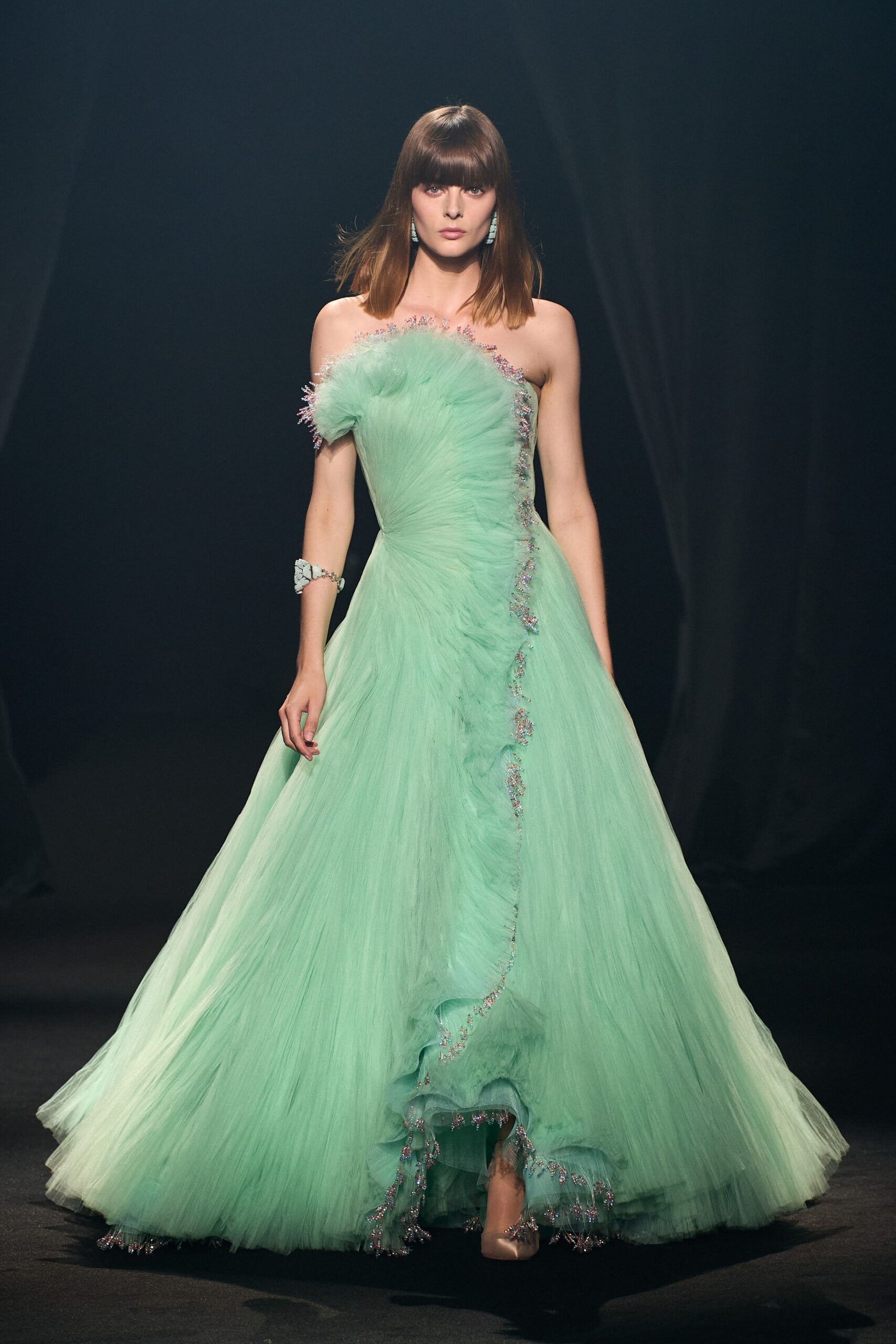 green tulle off-shoulder gown