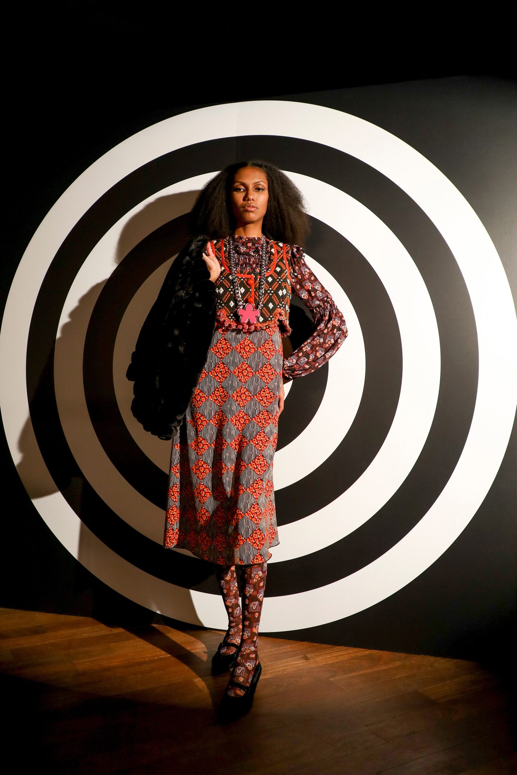 fitted printed midi dress with cape