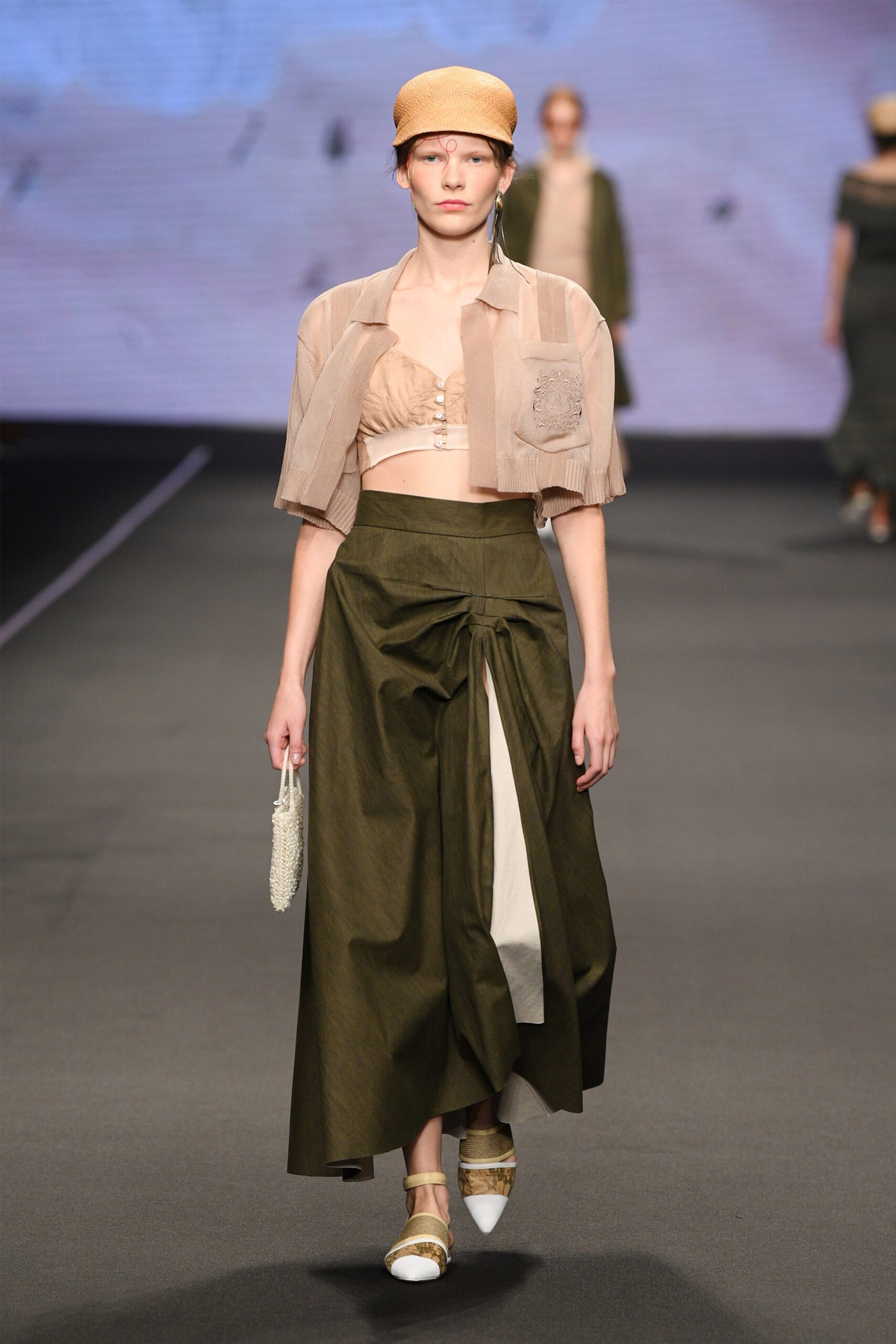 green cotton asymmetric relaxed high-waisted pleated midi skirt