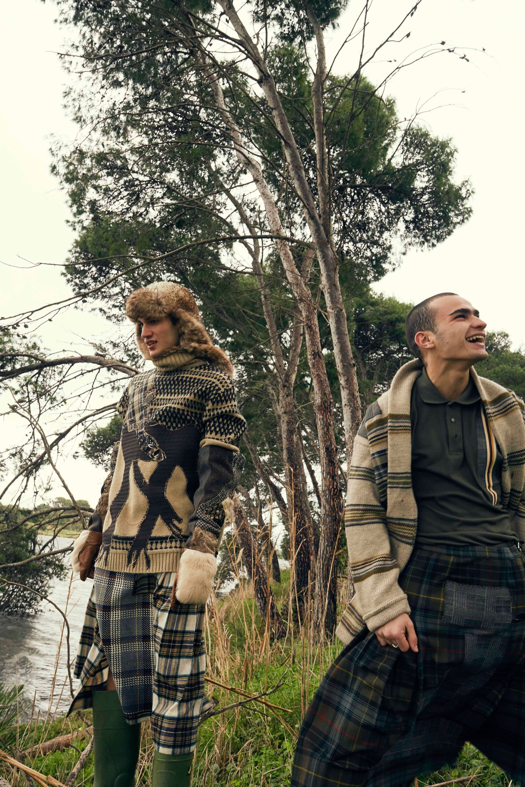 beige wool sweater with plaid pants