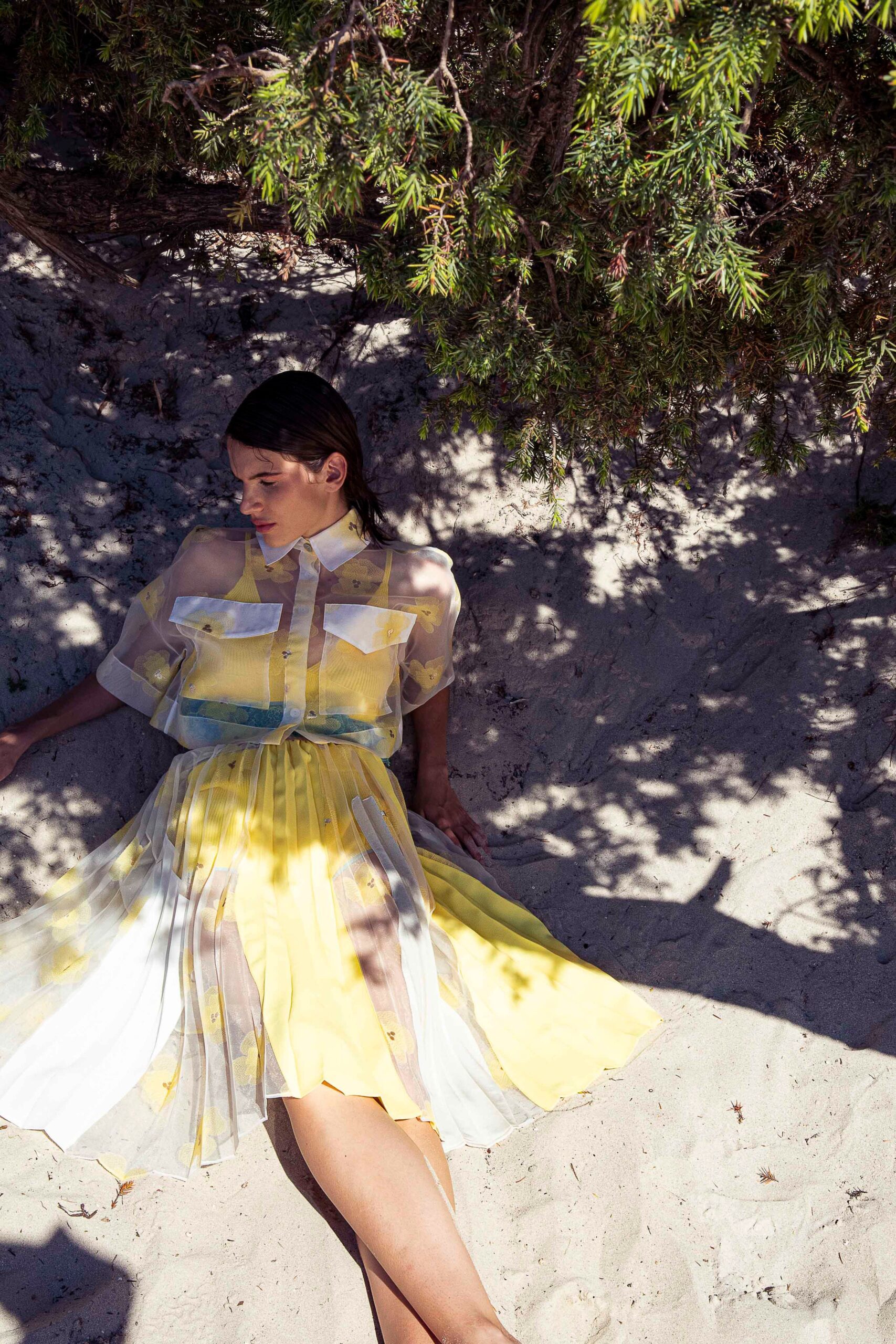 yellow pleated midi dress