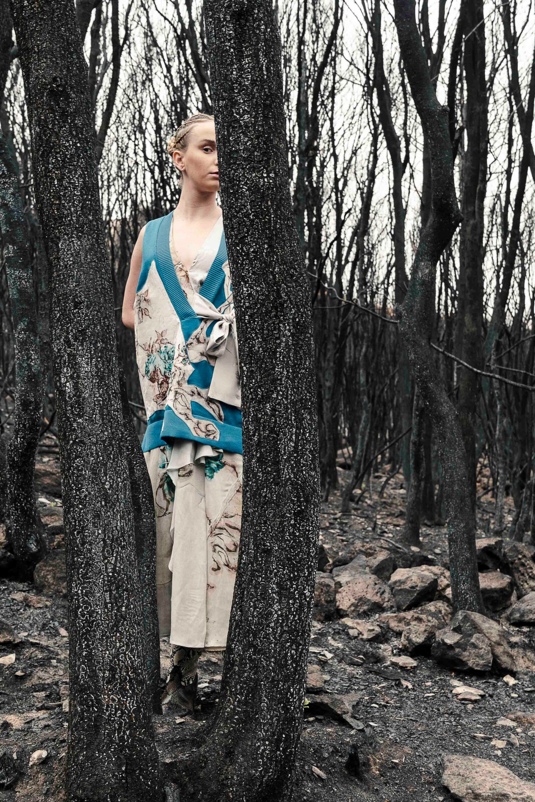 beige and blue printed midi dress