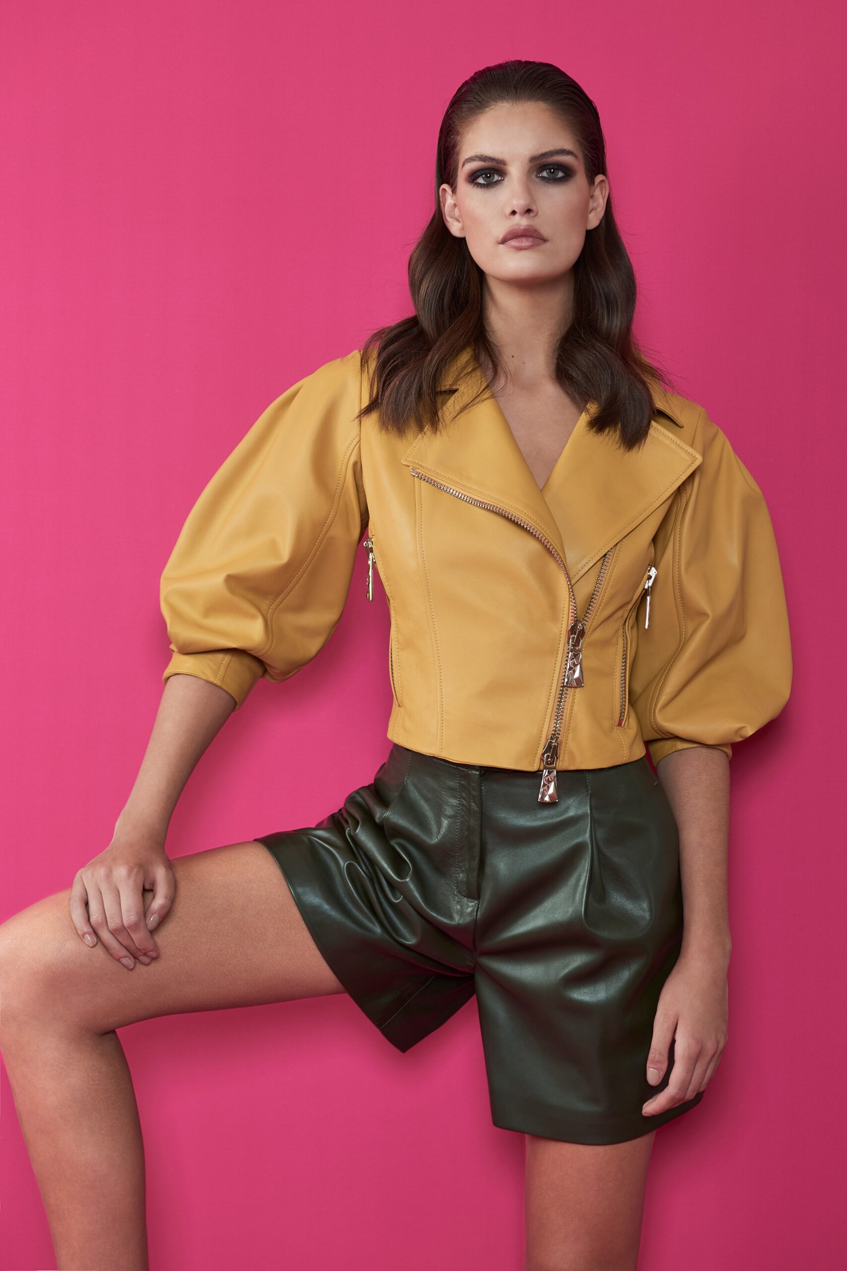 yellow leather short-sleeve collared fitted zippered jacket