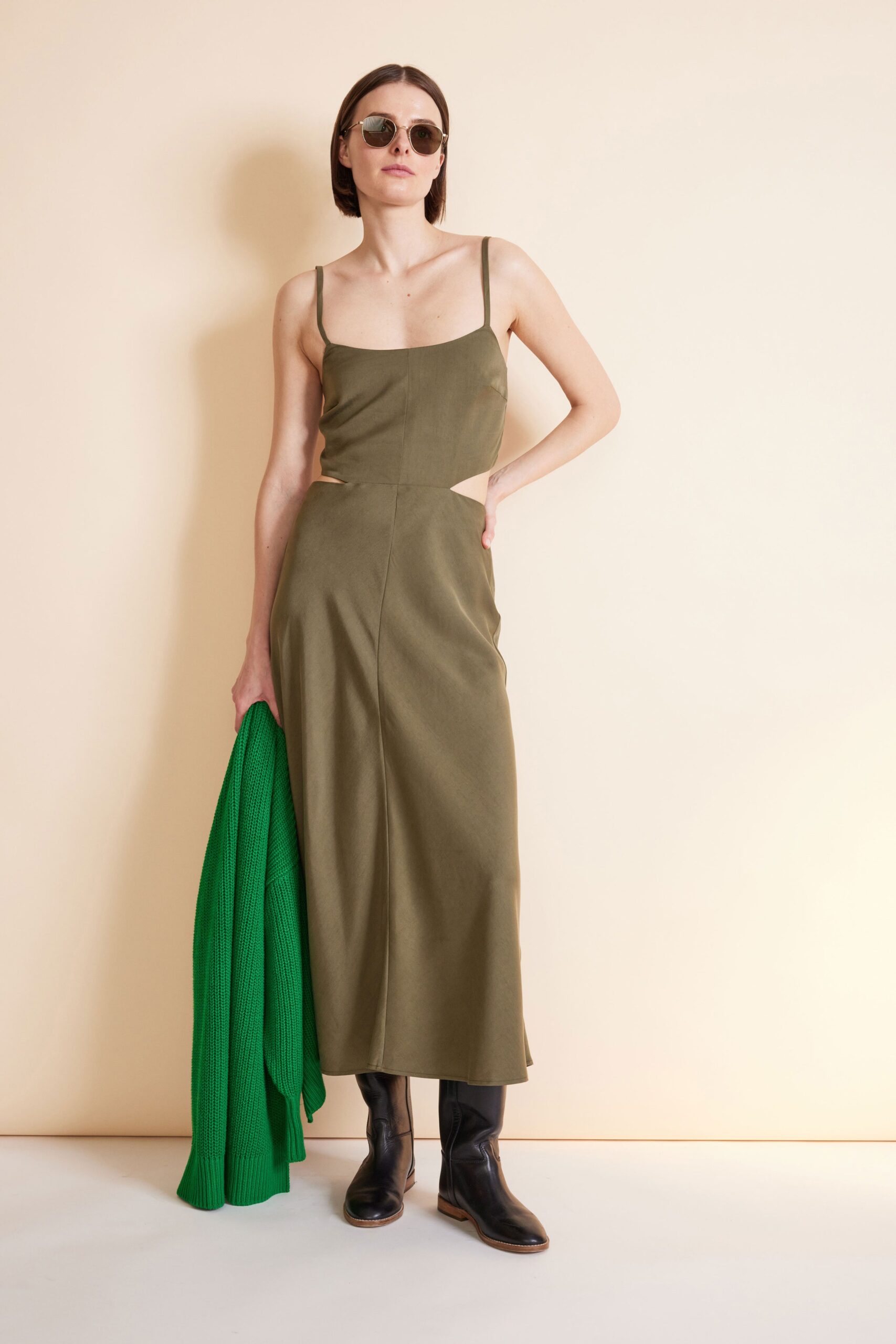 green cotton sleeveless cutout fitted straight-leg midi dress