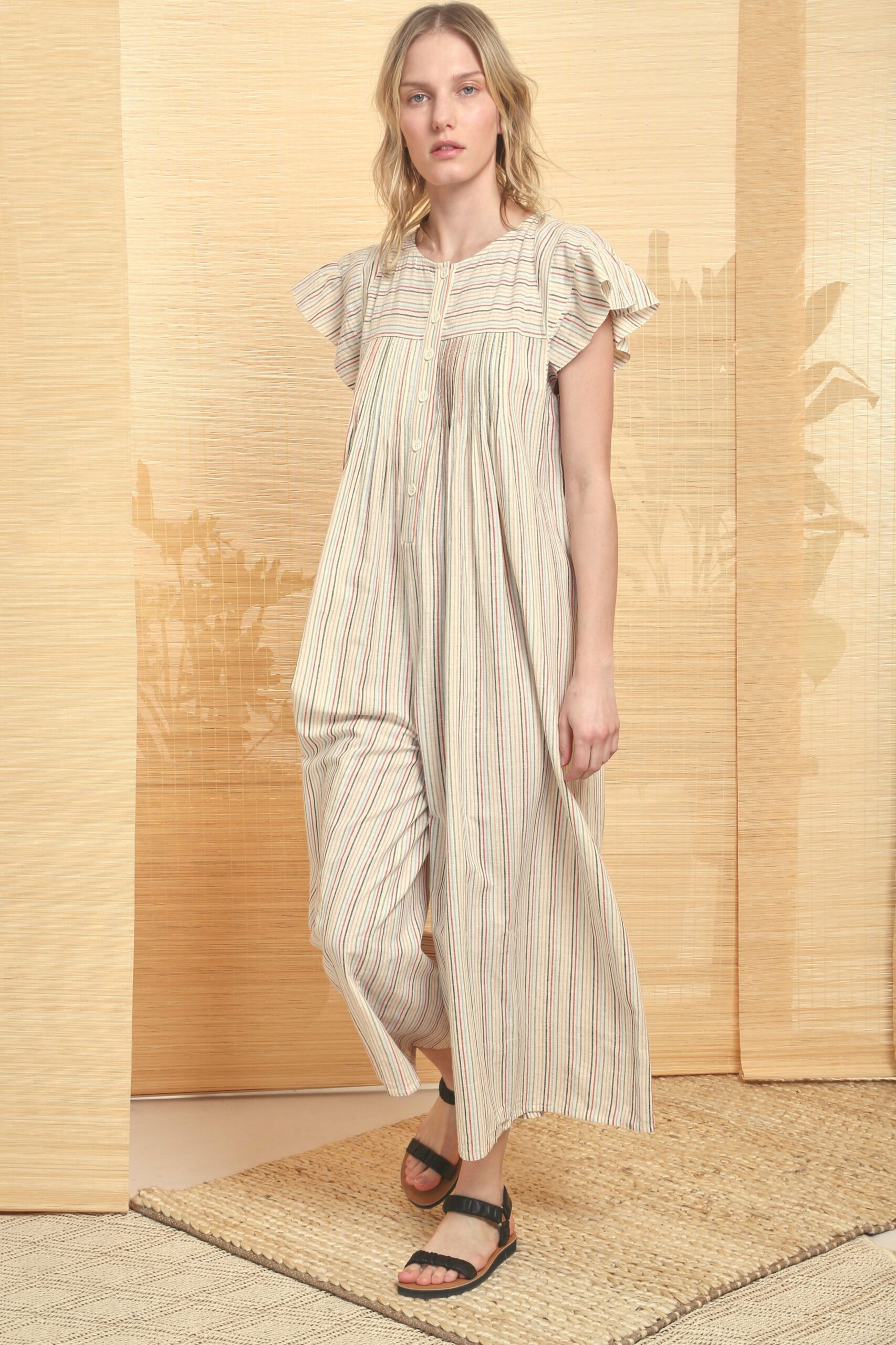 beige striped relaxed maxi dress