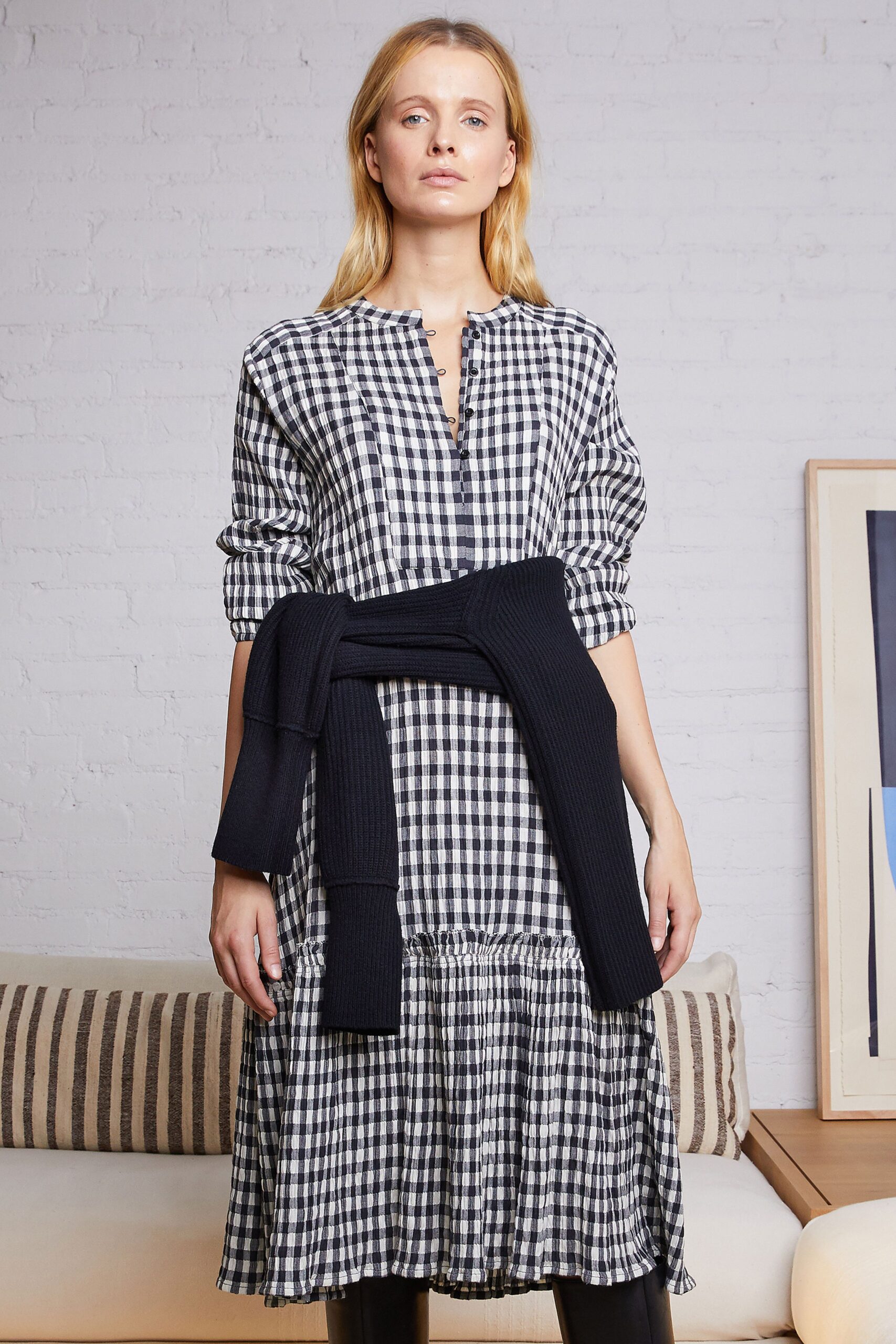 black and white checked midi dress with navy sweater