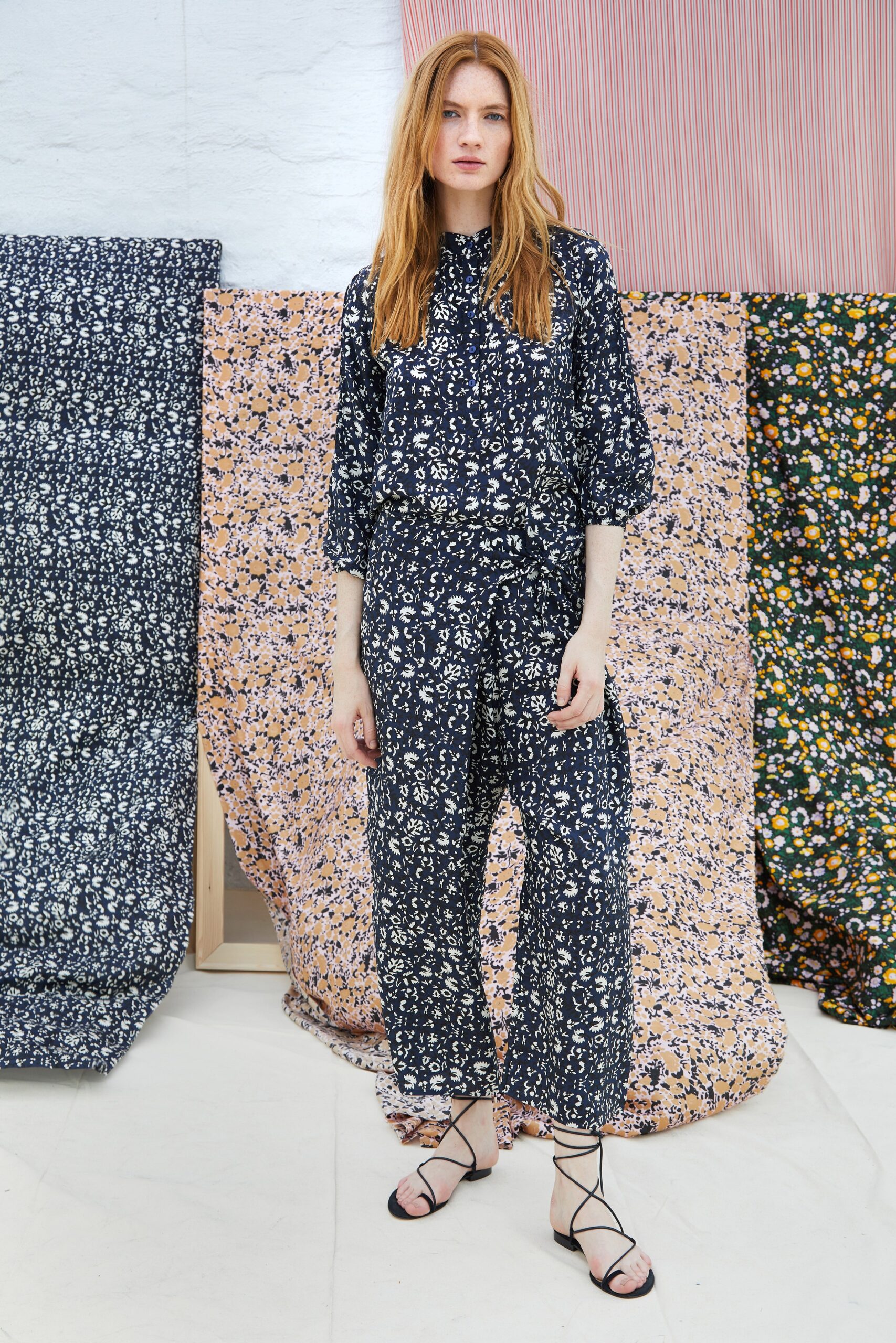blue and white floral top and pants