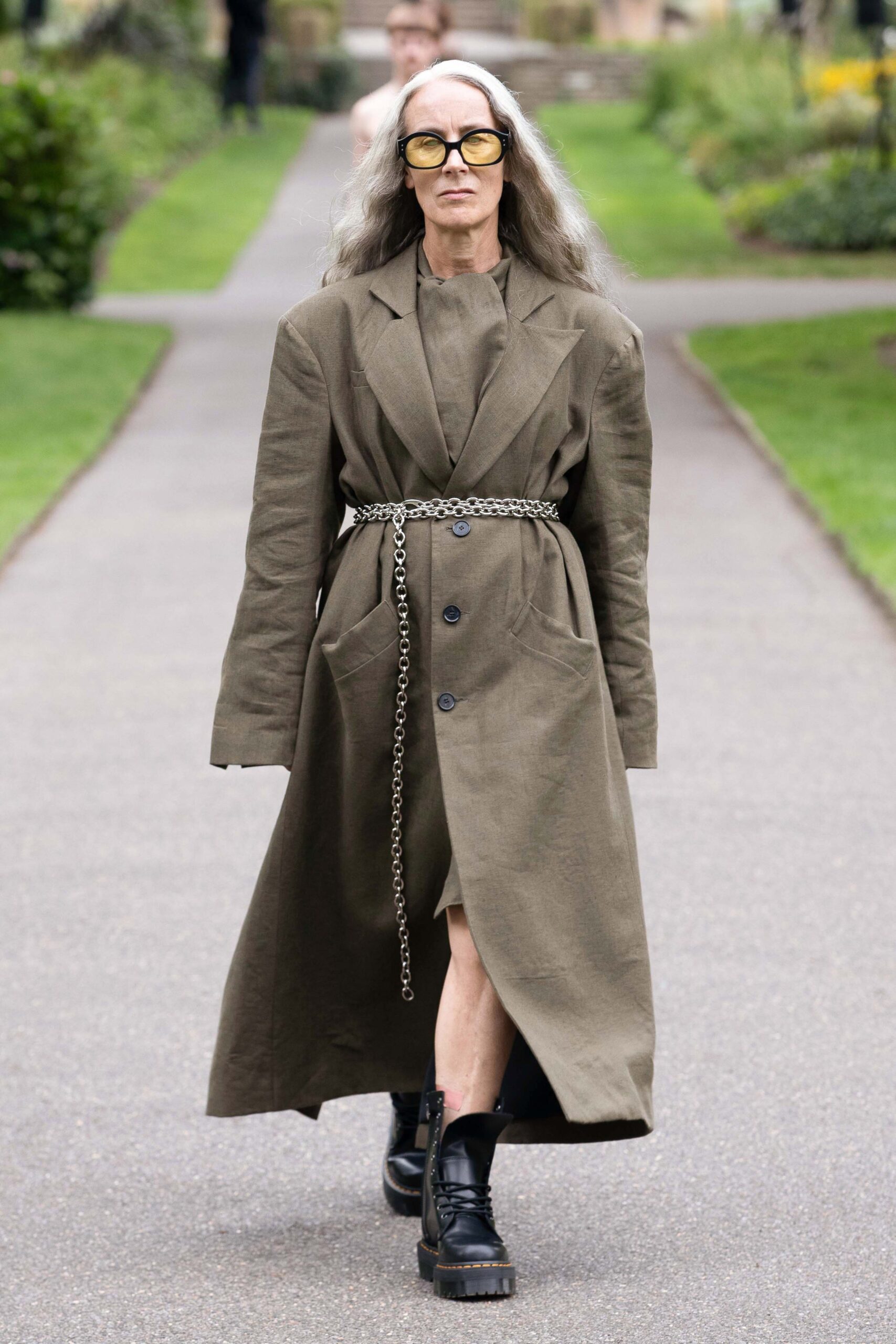 brown relaxed coat with belted dress