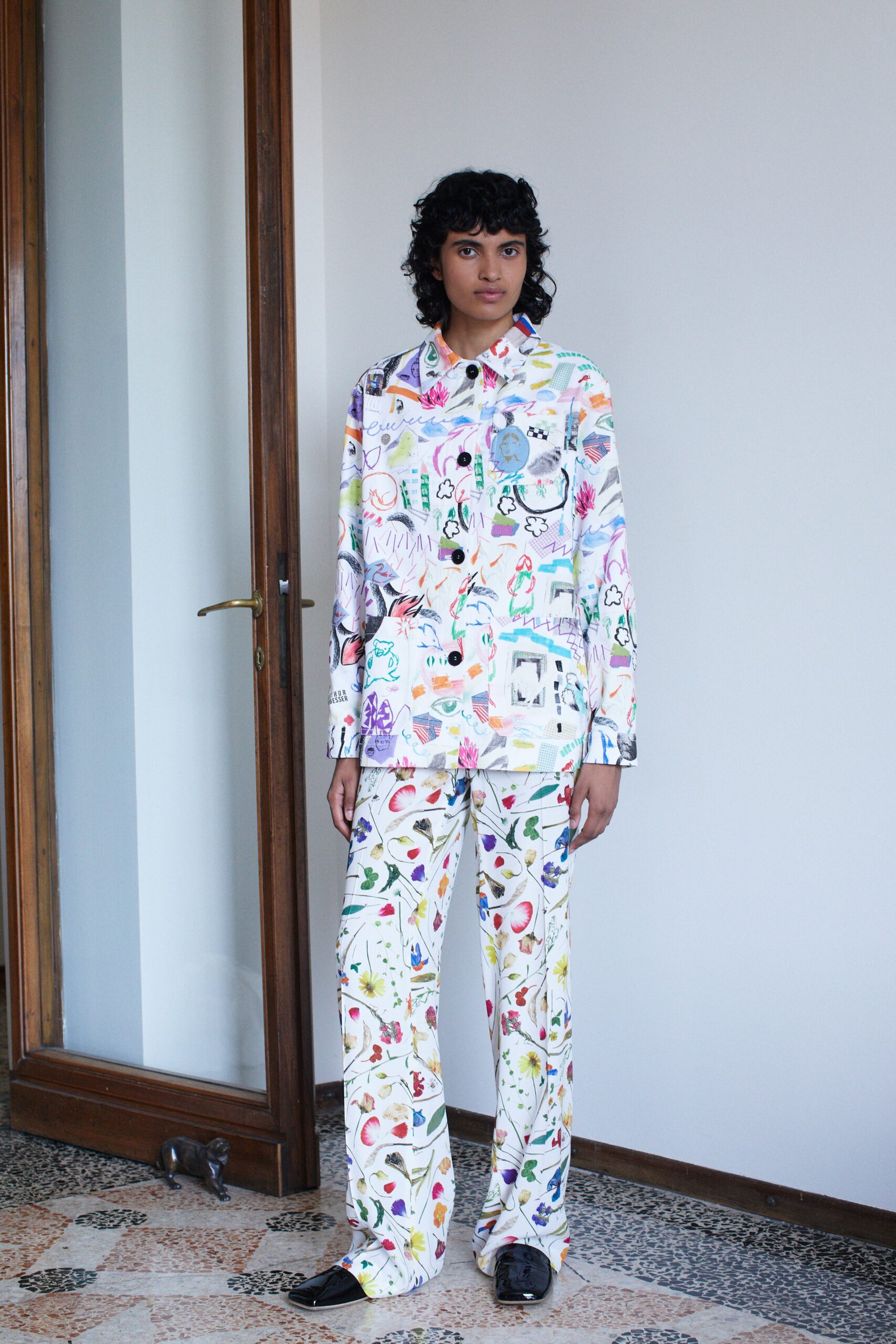 multi-colored printed shirt and pants