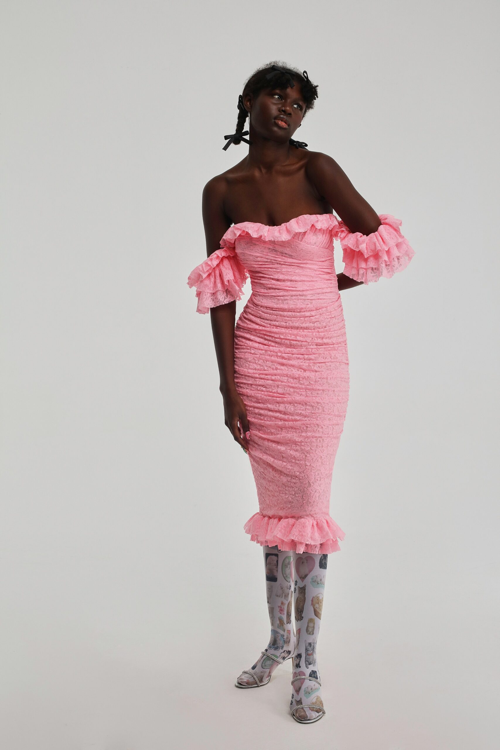 pink off-shoulder ruched dress