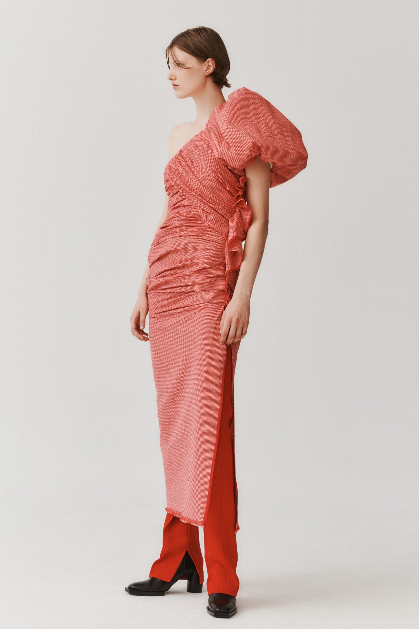 red cotton sleeveless high-neck fitted ruched maxi dress