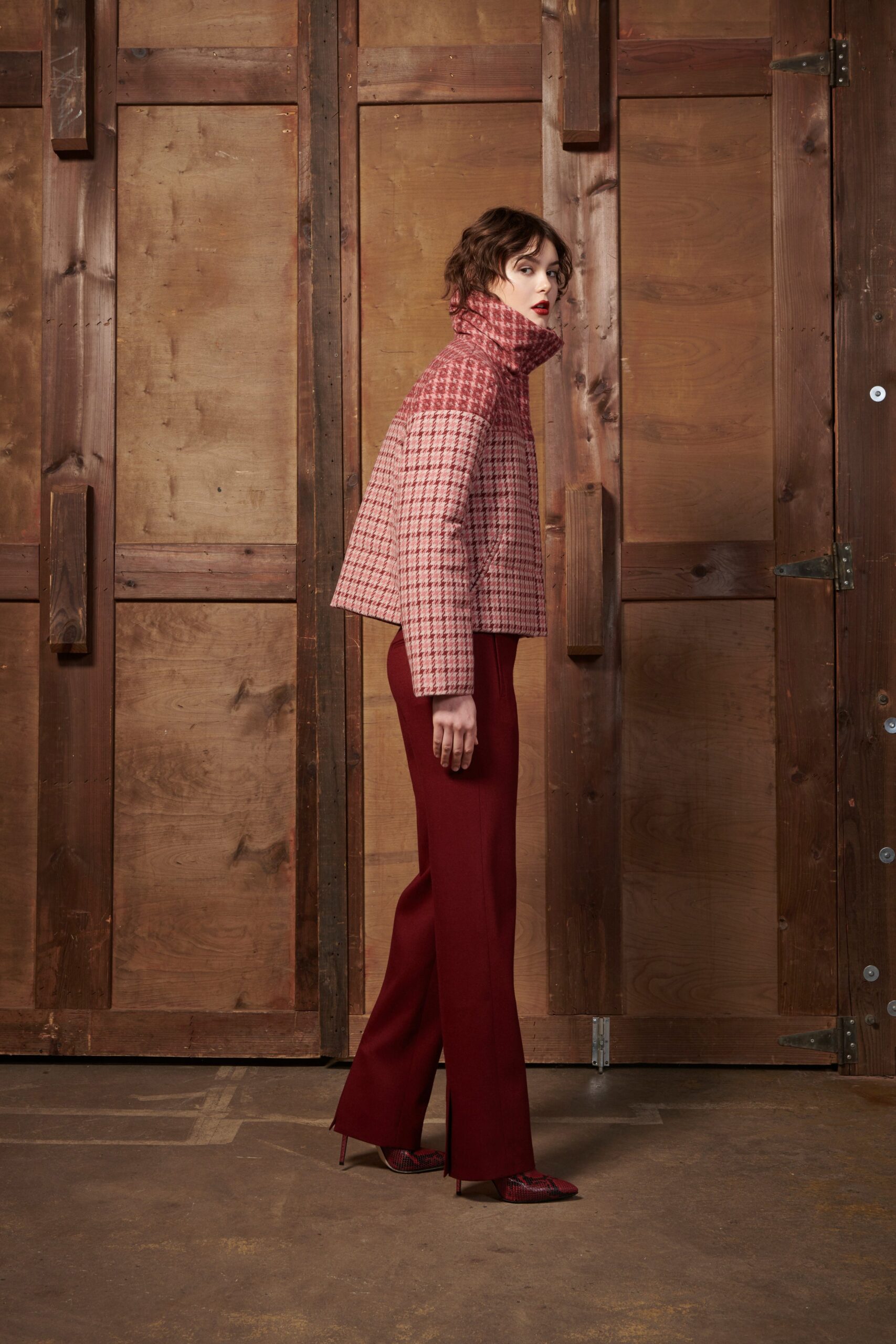 red and pink tailored jacket with flared pants