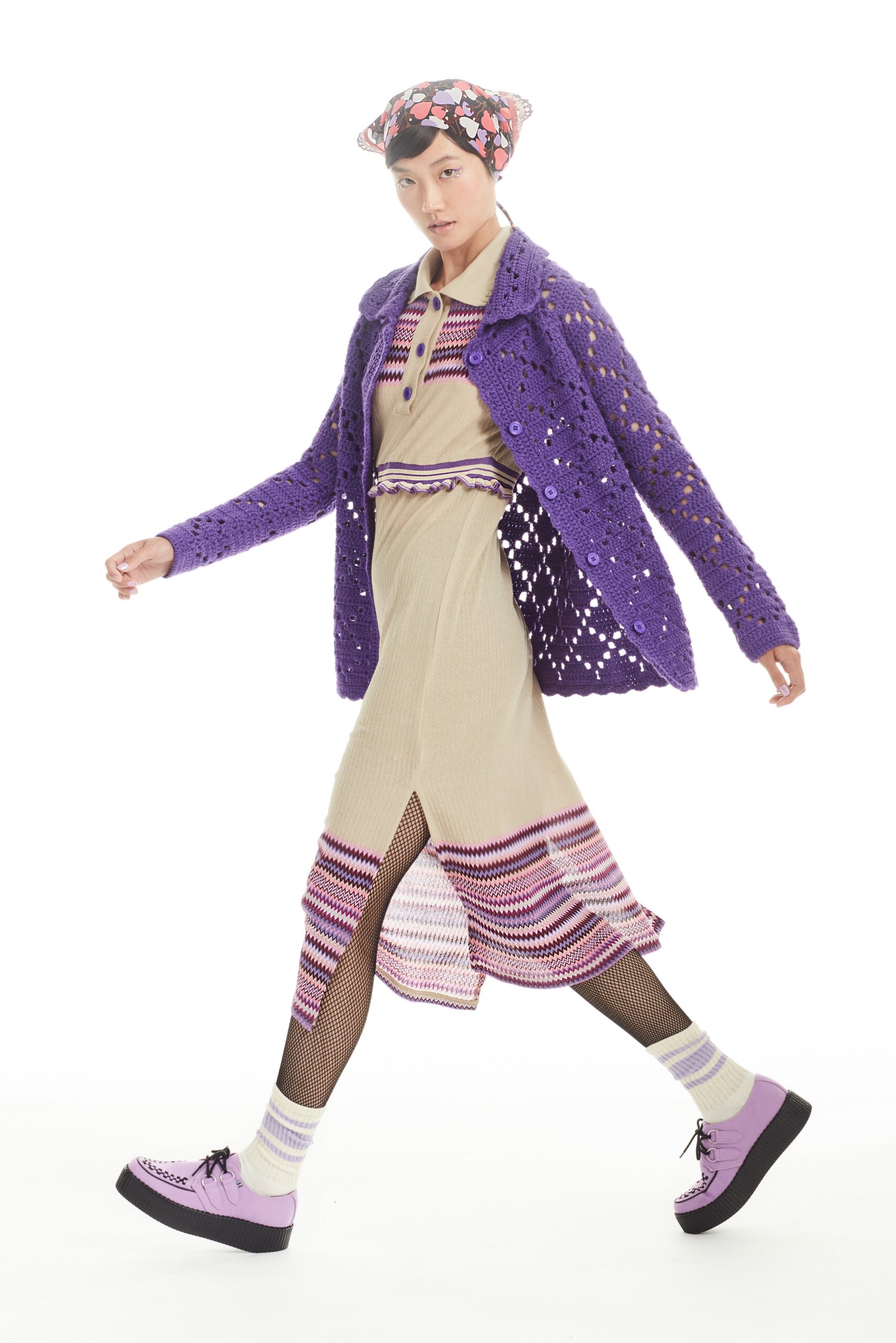 purple knit coat and beige midi dress